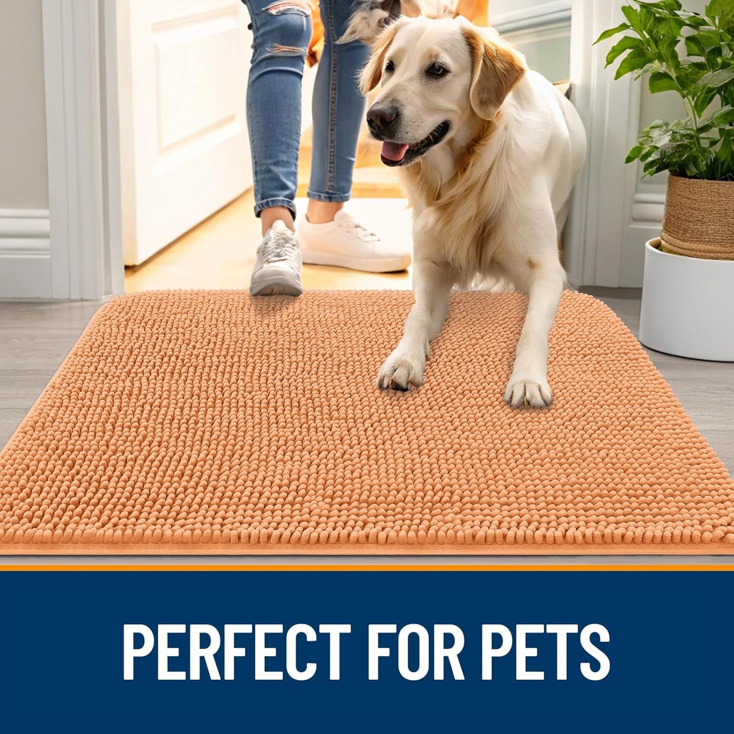 OLANLY Dog Door Mat - Absorbent Non-Slip Chenille for Muddy Paws | Quick Dry 32x20 Orange Indoor Carpet