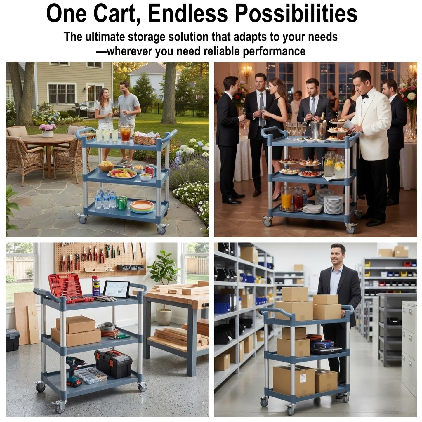 Aimoly 3-Tier Rolling Utility Cart on Wheels, 510 lbs Capacity Utility Service Cart, Commercial Kitchen Cart with 4 Lockable Swivel Casters for Restaurant/Home/Warehouse/Office (31.5X 15.75x 37.4 in)