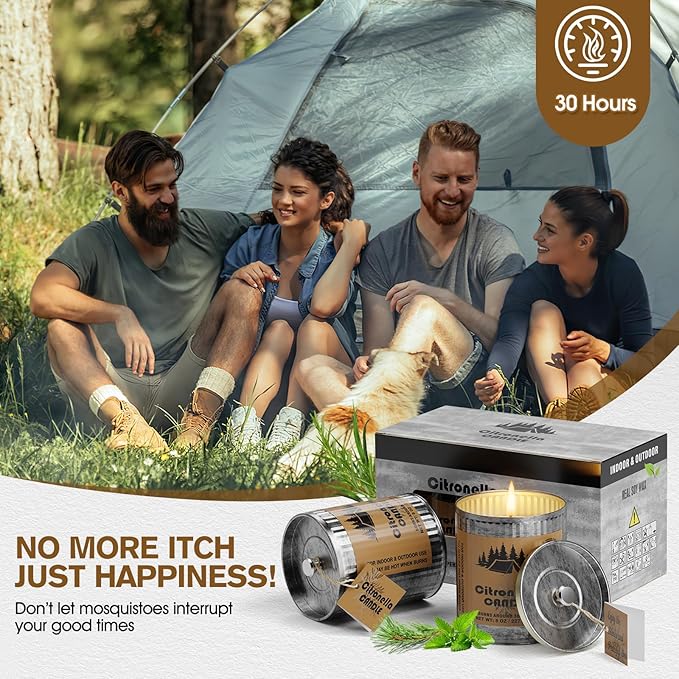Citronella Outdoor Candle Set | 2-Pack 454g 80H Burn Time | Pure Soy Wax Jar Tin Outdoor Safety Candles for Camping Courtyard Garden | Smokeless Lemongrass Candles Gift for Men&Women