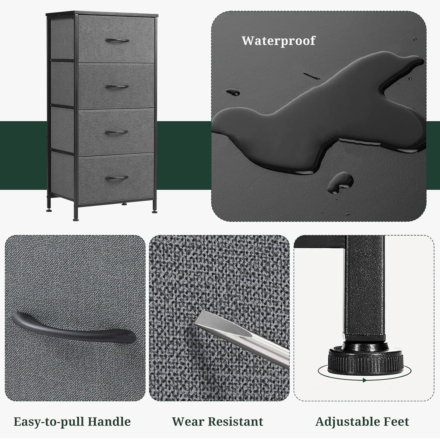 Regine Switzerland Nightstand - 4 Drawer Dresser with Wooden Top & Steel Frame | Gray Fabric Bins for Bedroom & Living Room