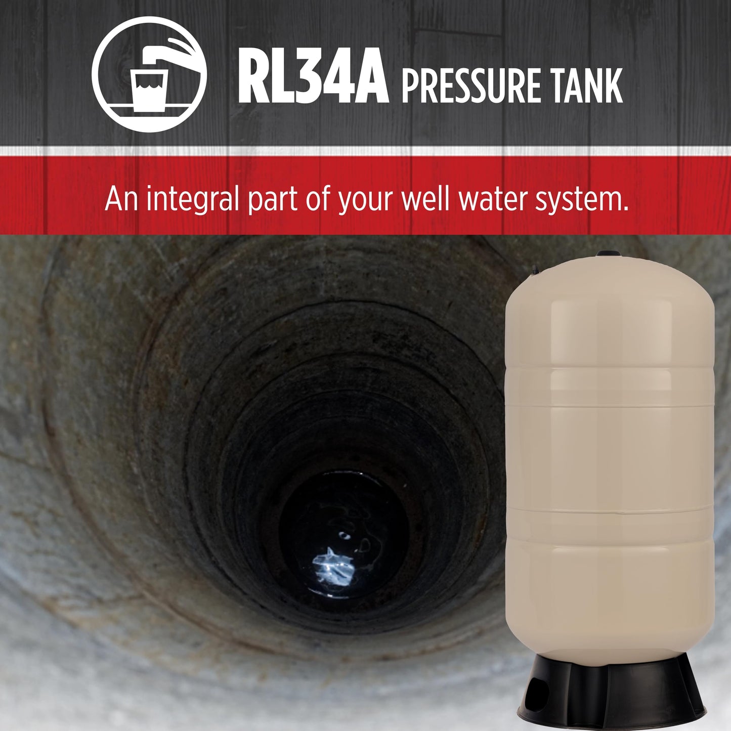 Red Lion RL34A 34-Gallon Vertical Pre-Charged Pressure Tank with Thermoplastic Base for Well Pumps, 1-Inch FNPT System Connection, Almond, 604683