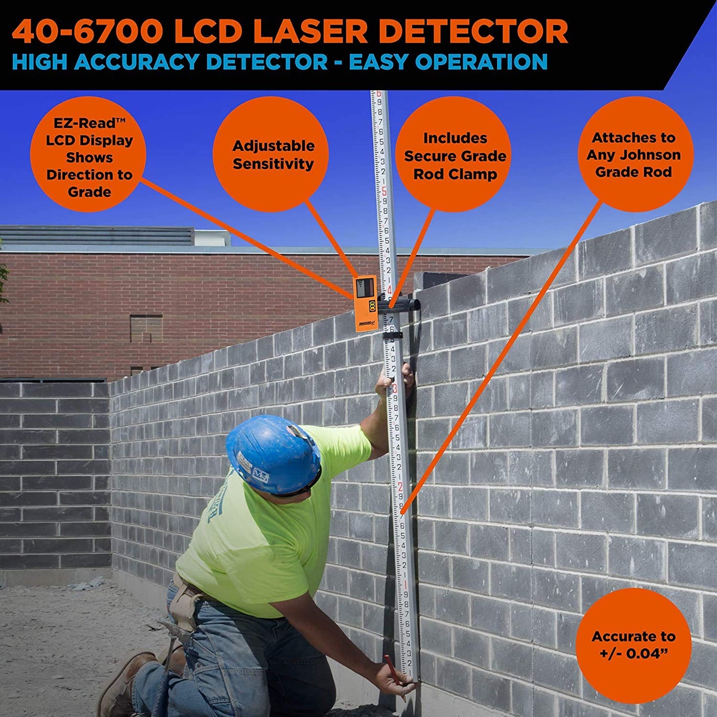 Johnson Level & Tool 40-6700 OneSided Laser Detector w/Clamp for Red Beam Rotating Lasers, 6.50" x 2.50", Red Beam, 1 Laser Detector,Orange
