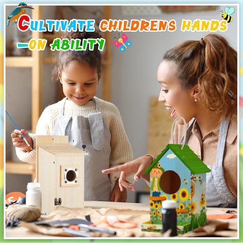 Liliful DIY Wooden Birdhouse Kit - 4 Pack Arts & Crafts Set with Paint & Brushes for All Ages | Indoor & Outdoor Fun