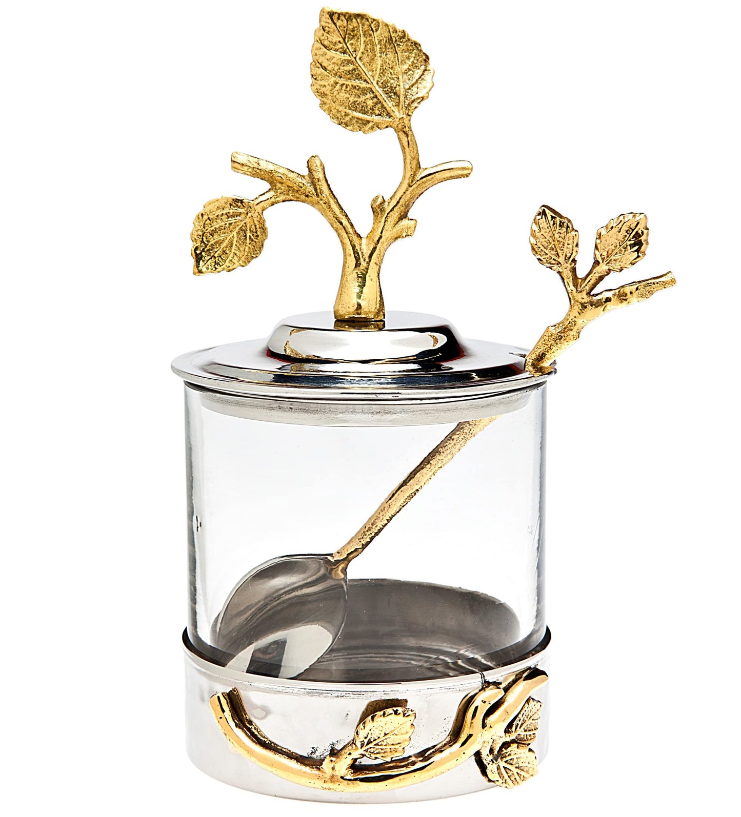 Godinger Elegant Leaf Jam & Honey Jar with Spoon – Stylish Stainless Steel & Glass Dish For Condiments, Sugar & Spreads – Decorative Serveware for Breakfast, Tea, Entertaining & Housewarming Gifts