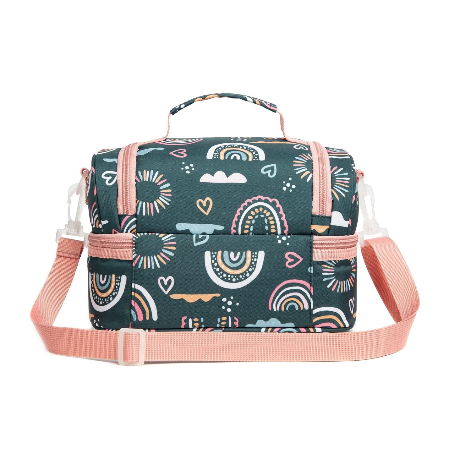 Life on track Insulated Kids Dual Compartment Lunch Bags Tote Pack for Girls Boys Toddler Kindergarten School Picnic Cooler Thermal Lunch Boxes with Strap (Green Rainbow)