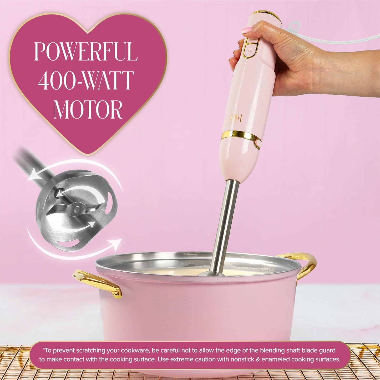 Paris Hilton Hand Blender Set, 3-in-1 Immersion Blender with Whisk, Blending & Chopper Attachments, 400W High Speed, Pink with Gold Accents – Smoothies, Soups, Sauces, Baby Food, Whipped Cream, Pink