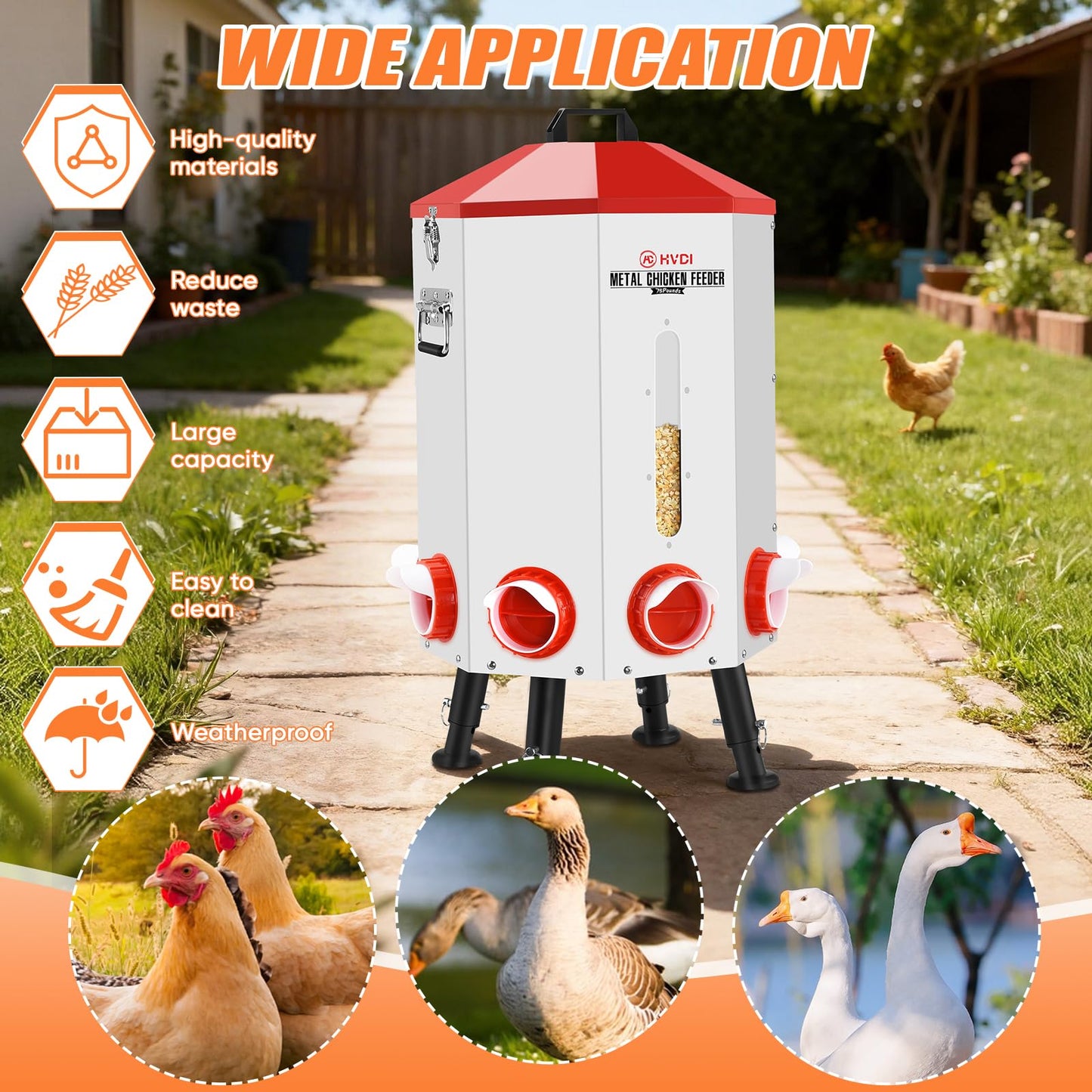70lbs - 80lbs Large Automatic Chicken Feeder, Adjustable Stand, 8 Feeding Ports, Viewing Window, Sloped Roof Rain Protection Design