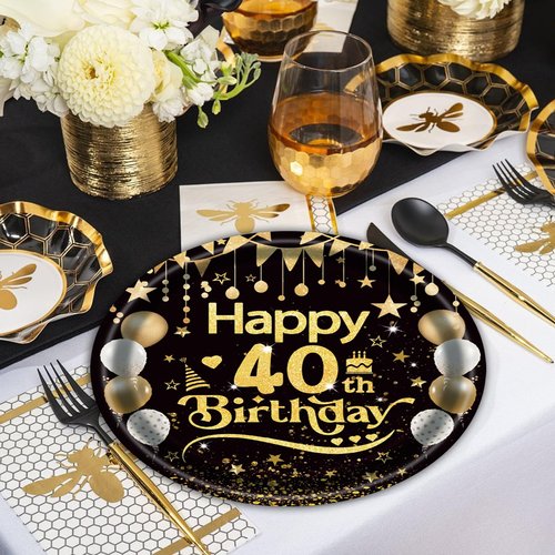 EVYIENEN 50Pcs 40th Birthday Party Paper Plates,7inch Disposable Black and Gold Dessert Party Plates Party Decorations for Men Woman 40th Happy Birthday Wedding Party Supplies