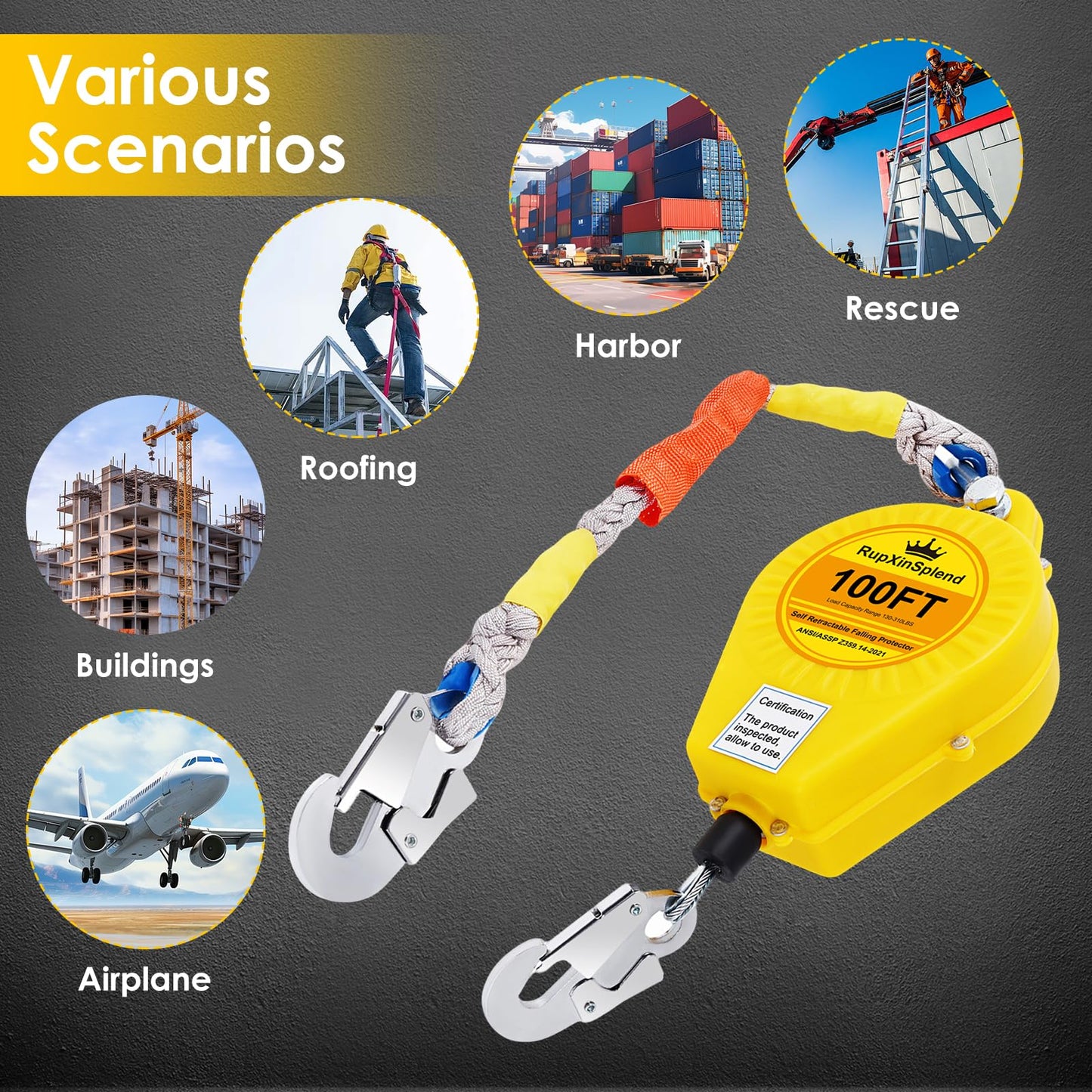 RupXinSplend Fall Arrester Protector Self Retractable 100FT Fall Protection Gear Double Locking, Dual PPE+Alloy Steel housing Heavy Duty Lifeline Safety Lanyard Rope Cable Wire Roofing Construction
