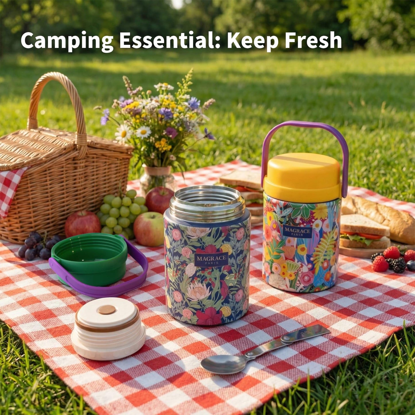 MAGRACE Vaccum Insulated Food Jar - Boho Floral Thermal Lunch Container for Office Outdoor Hot & Cold Meals, Wide Mouth Thermo for Adult, W/Foldable Spoon (Pastoral)