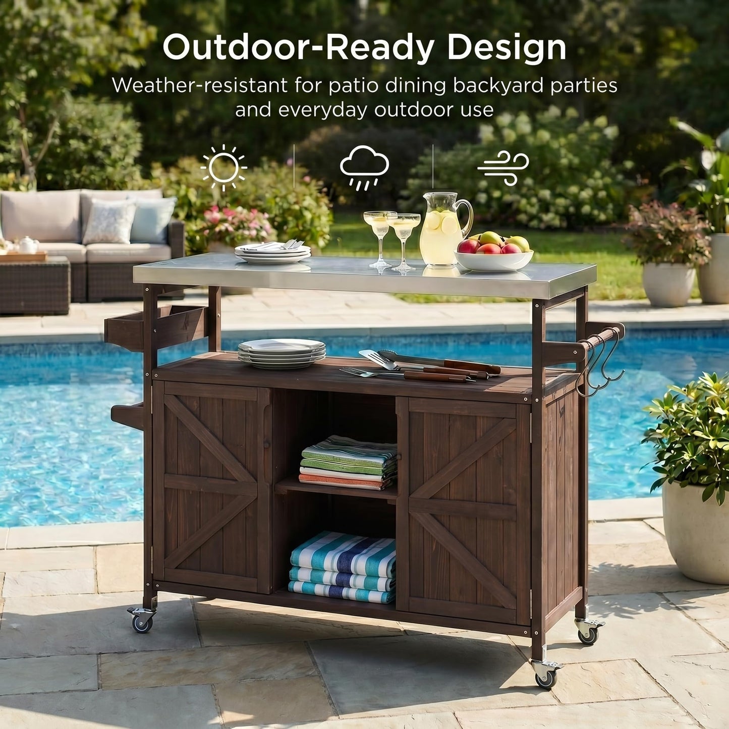 50" Outdoor Grill Cart with Storage Cabinet, Solid Fir Wood BBQ Prep Table with Stainless Steel Top, Rolling Outdoor Serving Cart with Lockable Wheels, Spice Rack & Hooks for Patio, Brown