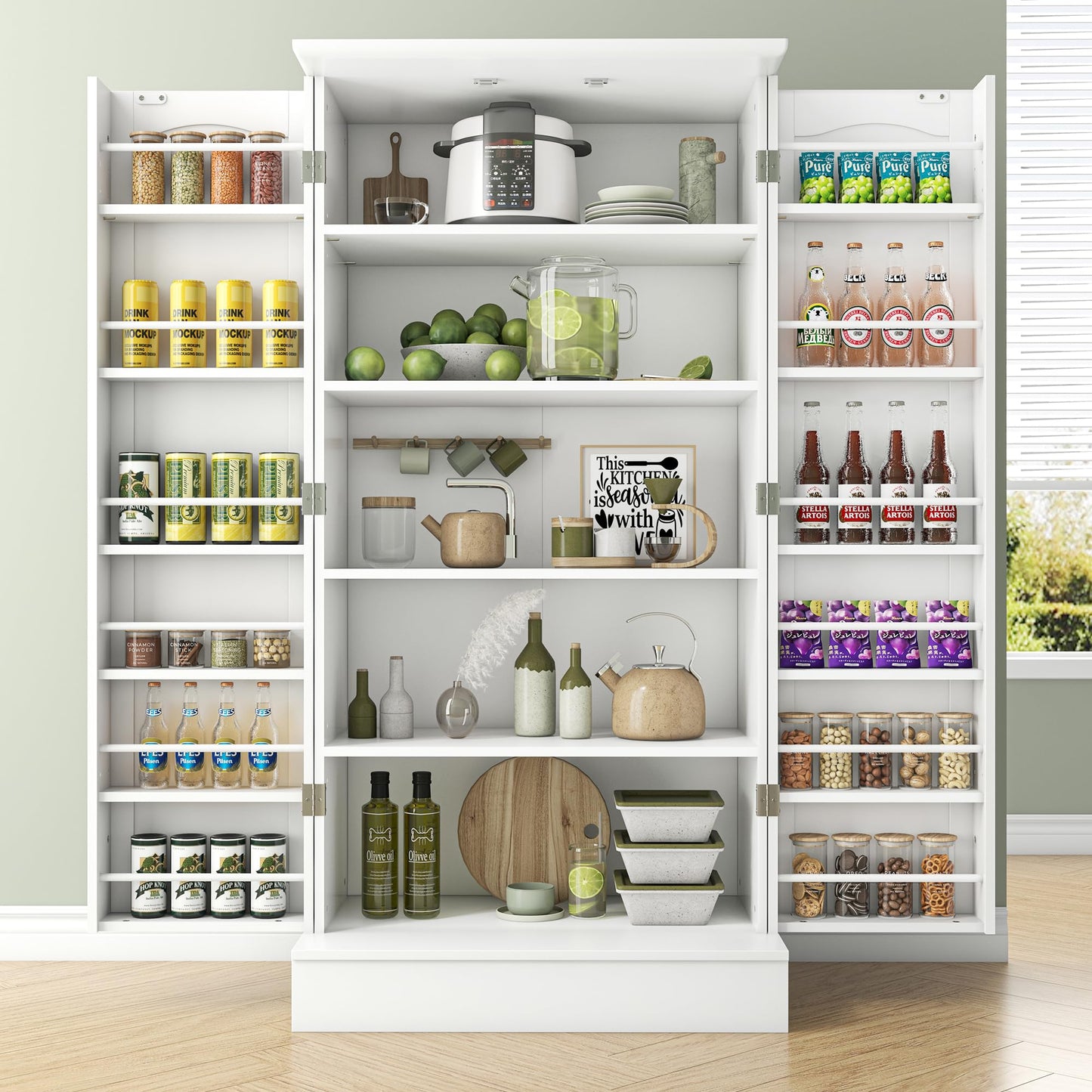 kepptory 47” Pantry Cabinet, Kitchen Pantry Storage Cabinet with Doors and Adjustable Shelves,Freestanding Buffet Cupboards Sideboard for Living Room and Dinning Room (White)