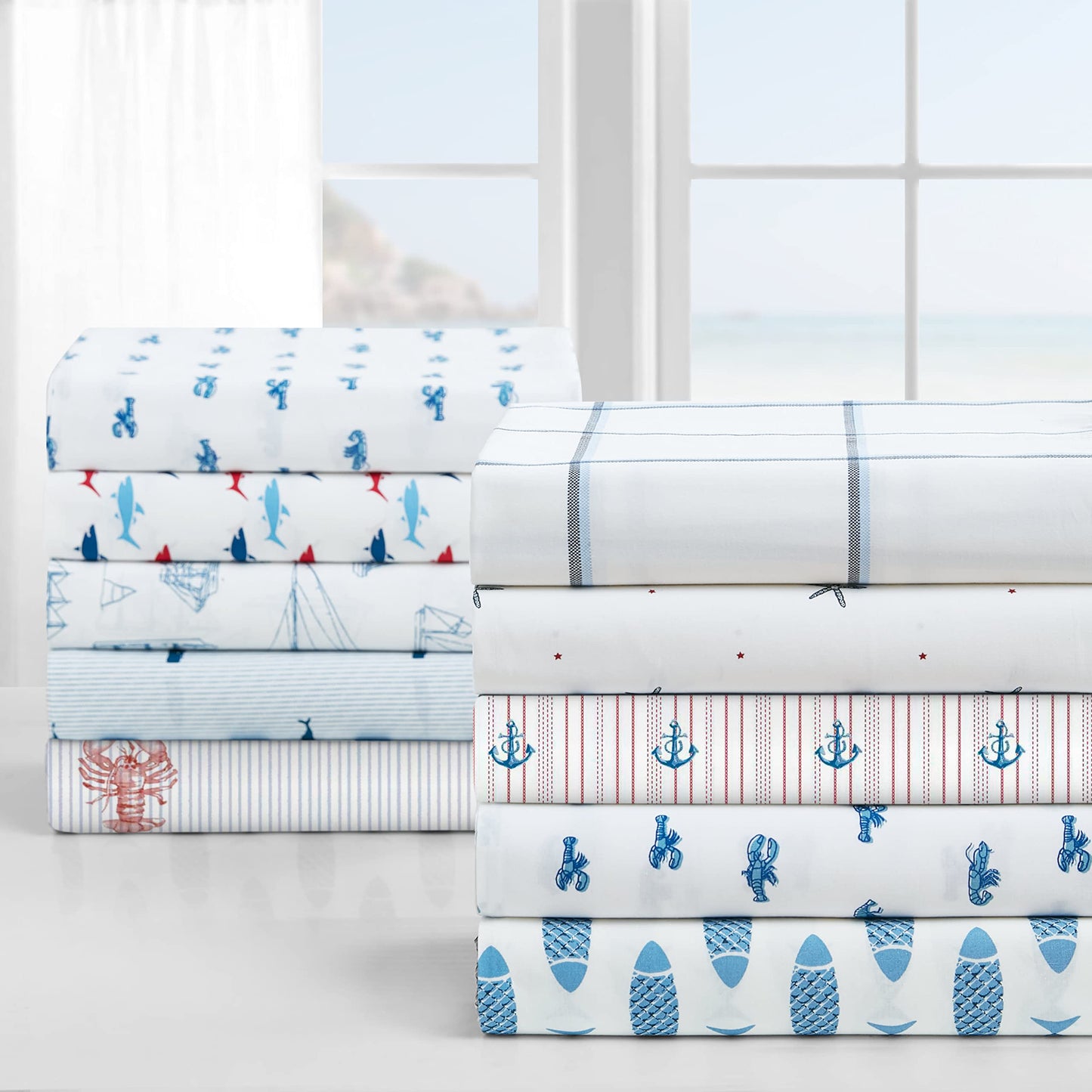 Nautica - Twin XL Size Sheet Set, Crisp Cotton Percale Bedding with Matching Pillowcase, Fully Elastic Fitted Sheet, Deep Pocket, Nautical Room Decor, Breathable All-Season Comfort (Whale Stripe Blue)