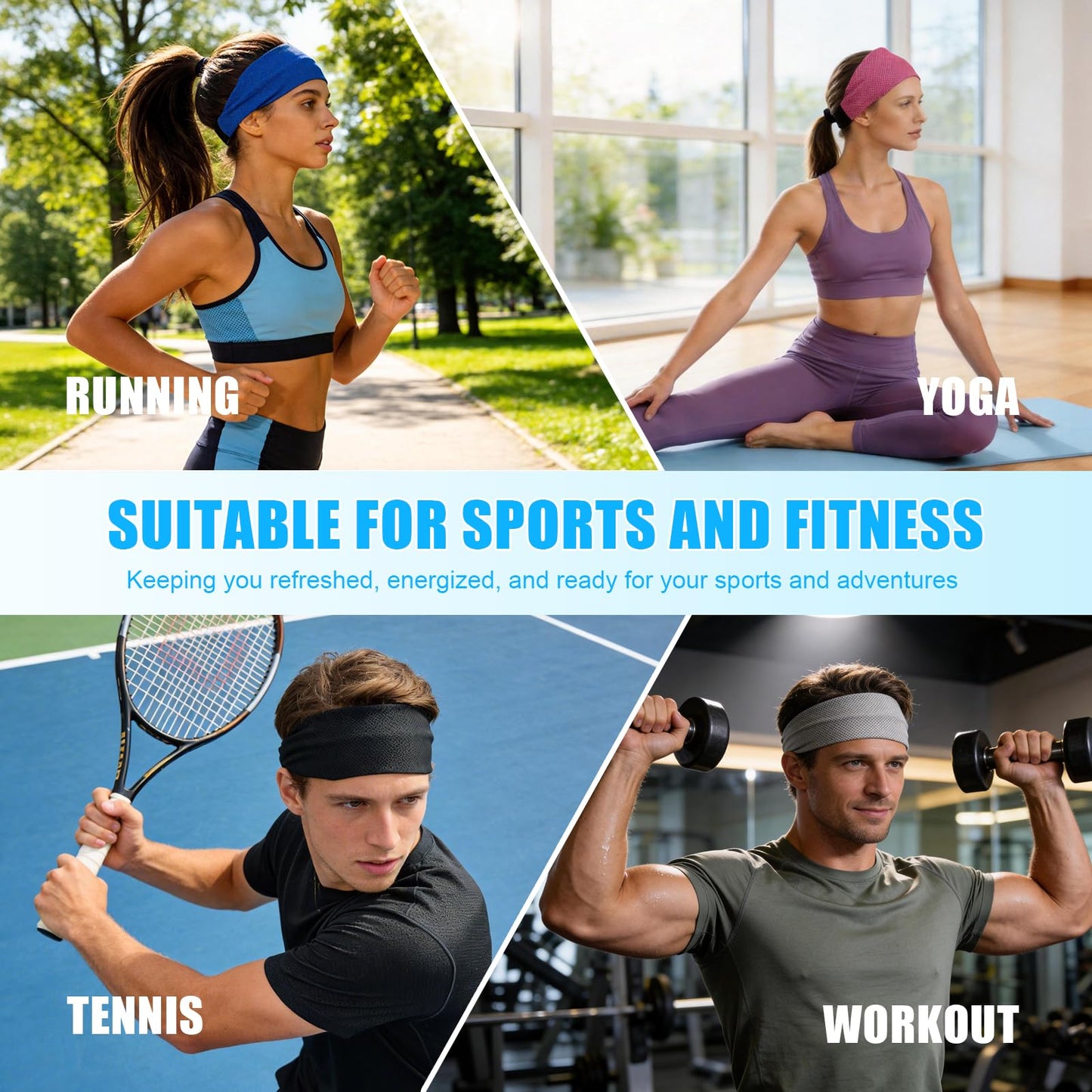 CSITE Cooling Headbands for Women&Men - Adjustable Non-Slip Sweatbands, Instant Cooling Moisture Wicking Sports Headbands for Running Yoga Fitness Gym