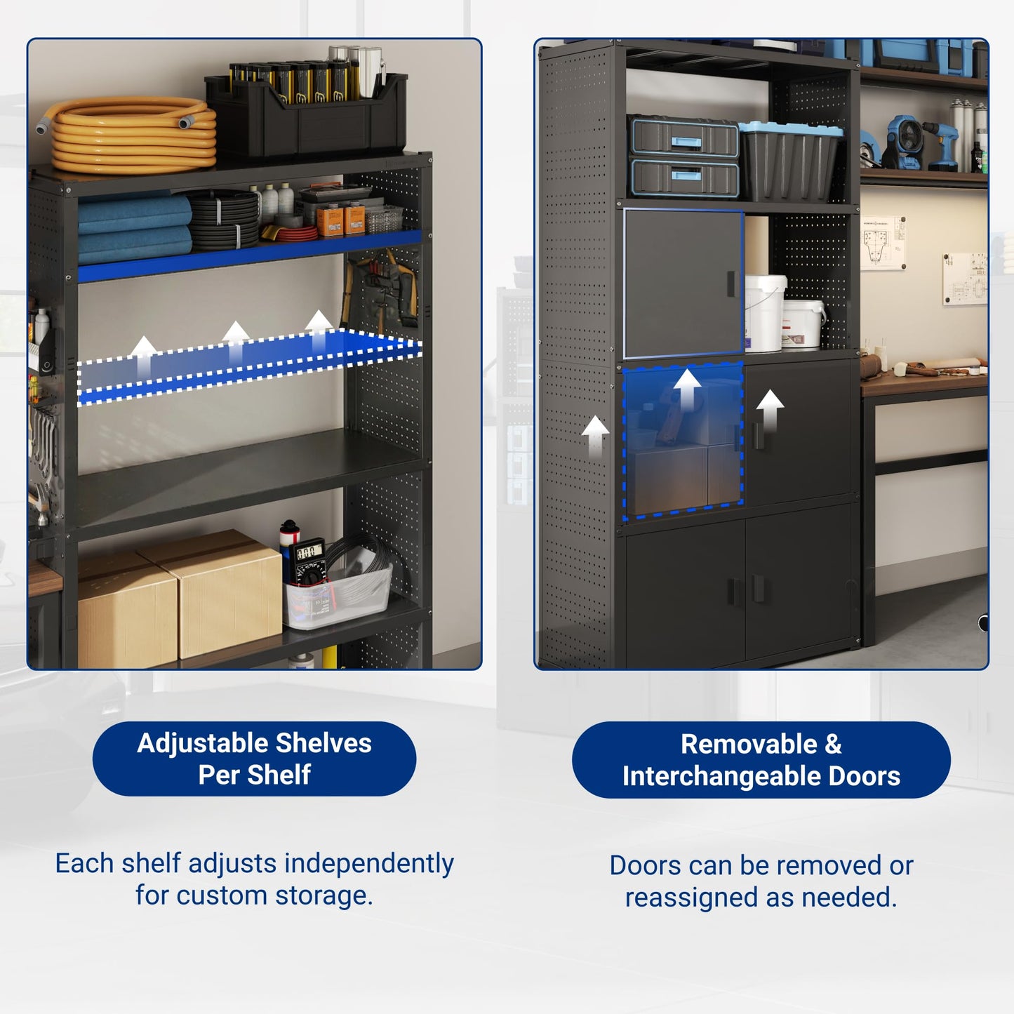 FLEXIMOUNTS Garage Storage Cabinet System, 3-in-1 Modular System with Integrated Workbench, Cabinets & Pegboard, 24-Gauge Steel, 117" L, 6-Door Cabinet for Garage Workshop, Black, FLEXIMOD Series