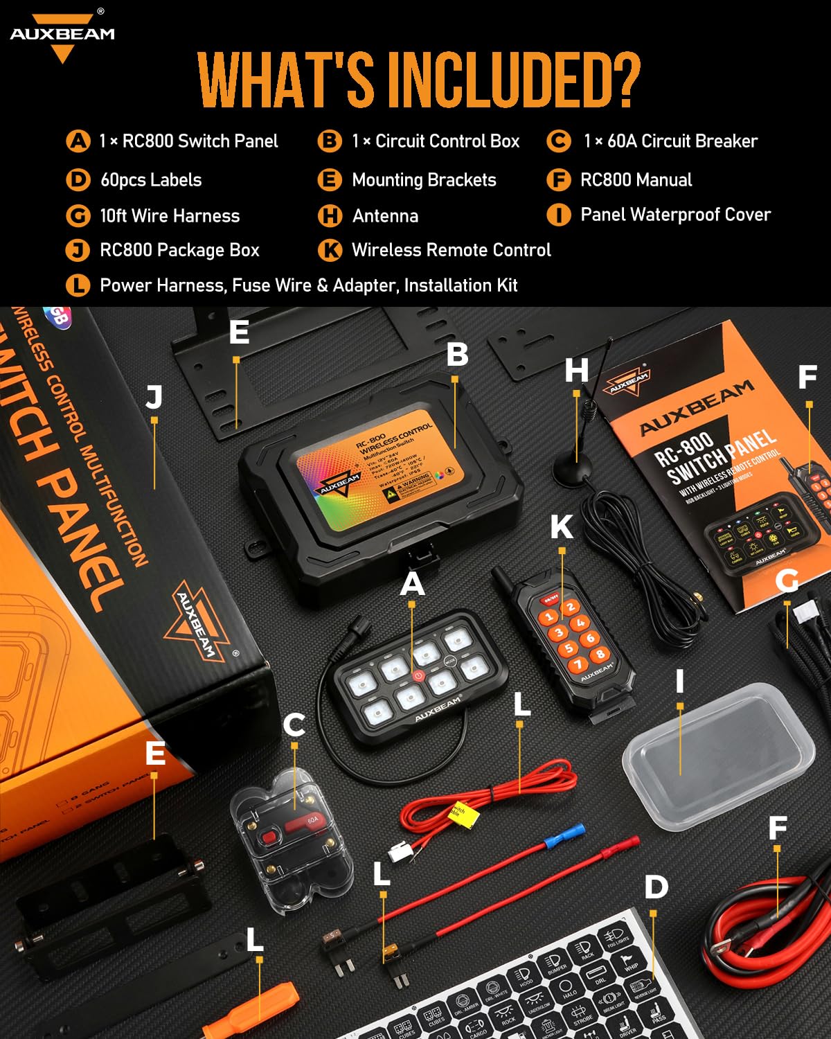 Auxbeam 8 Gang Switch Panel RC-800 RGB Wireless Remote Control Range Up to 165FT Multifunction Switch Pod 3 lighting modes with Backlit Off and Auto Dimmable for RV Offroad Waterproof 3 Years Warranty