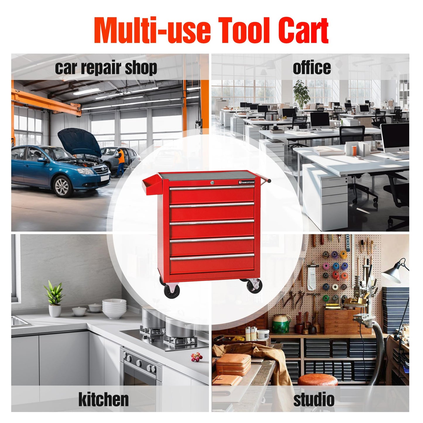 TANKSTORM Tool Chest Heavy Duty Cart Steel Rolling Tool Box 5 Drawer Cart (TZ35 Red)