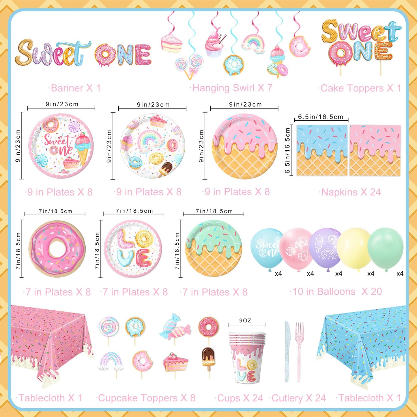Sweet One Birthday Party Decorations Includes Plates, Napkins, Cups, Cutlery, Cake & Cupcake Toppers, Banner, Hanging Swirls, Tablecloth, Balloons for Girl Donut First Birthday Decorations, Serve 24