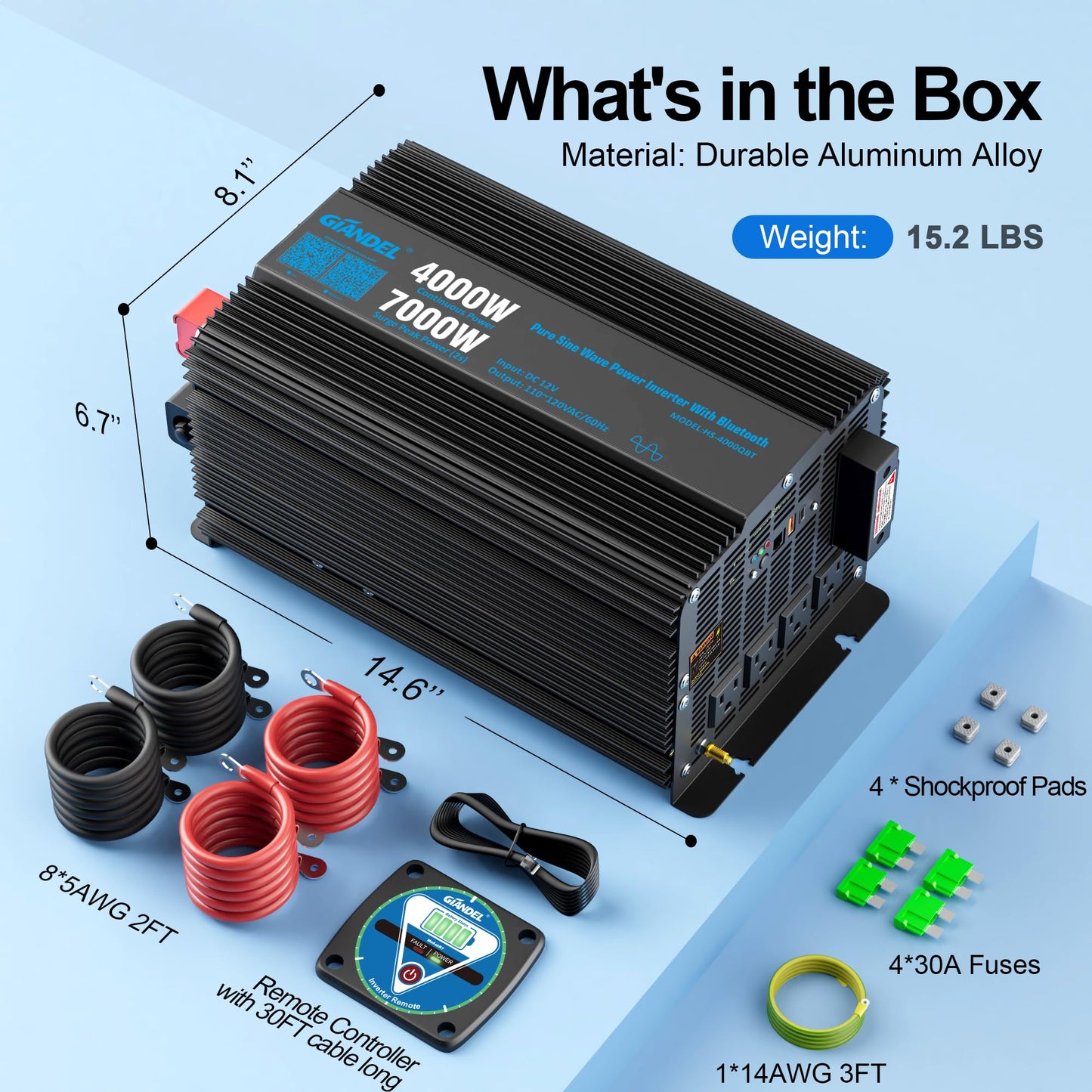 GIANDEL 4000W Pure Sine Wave Power Inverter 12V to 120V AC,7000W Surge,Compatible with All 12V Batteries,Bluetooth Control,30FT Wired Remote,FCC Approved for RV Campers Off-Grid Solar Systems