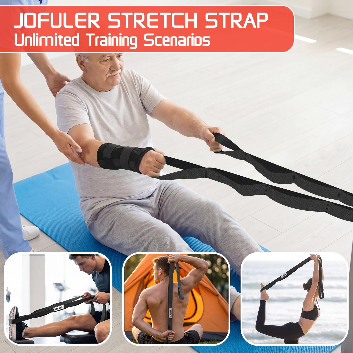 Jofuler Stretching Strap for Physical Therapy and Home Rehab, 10 Loops Non-Elastic Yoga Strap for Hamstring, Calf and Back Stretching, Mobility, Exercise, Pilates, Flexibility