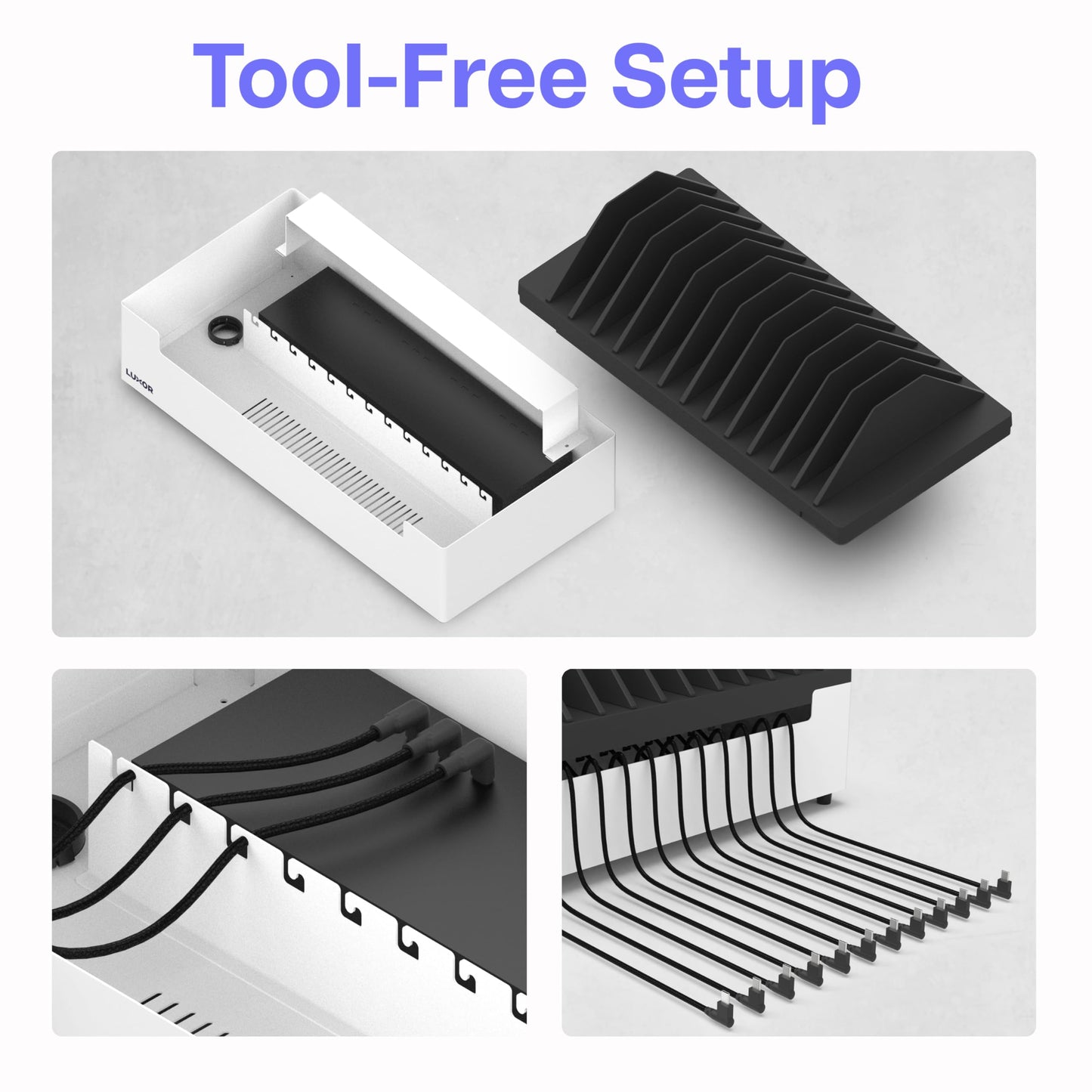 Line Leader 12-Device Open Charging Station | Compact Desktop Charger for Laptops, Tablets, & Chromebooks | Space-Saving Design with Adjustable Dividers & UL Safety-Certified Power Strip