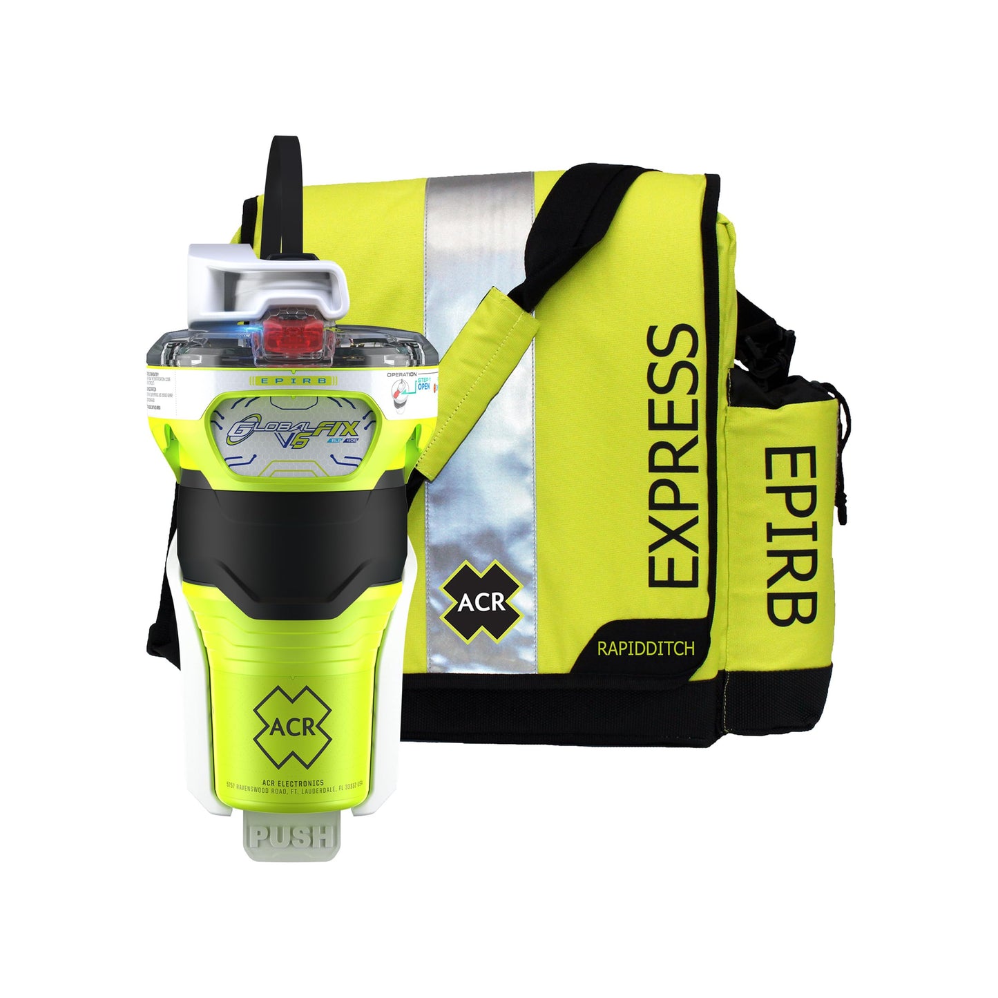 ACR GlobalFix V6 EPIRB with RapidDitch Express Bag - 2343.1: Reliable Emergency Beacon with Quick-Release Bag for Fast Deployment in Critical situations.