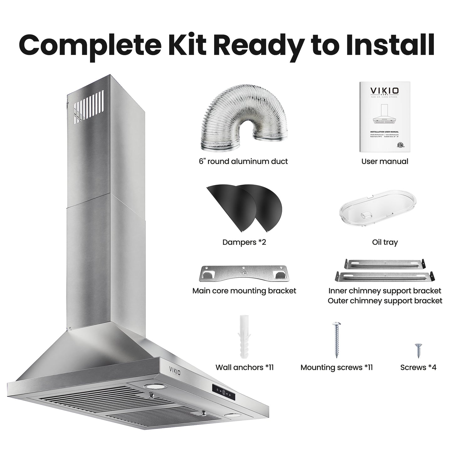 VIKIO HOME Wall Mount Range Hood 30 inch, 580 CFM, Ducted/Ductless Convertible, Stainless Steel Kitchen Vent Hood with 3-Speed Fan and LED Lights