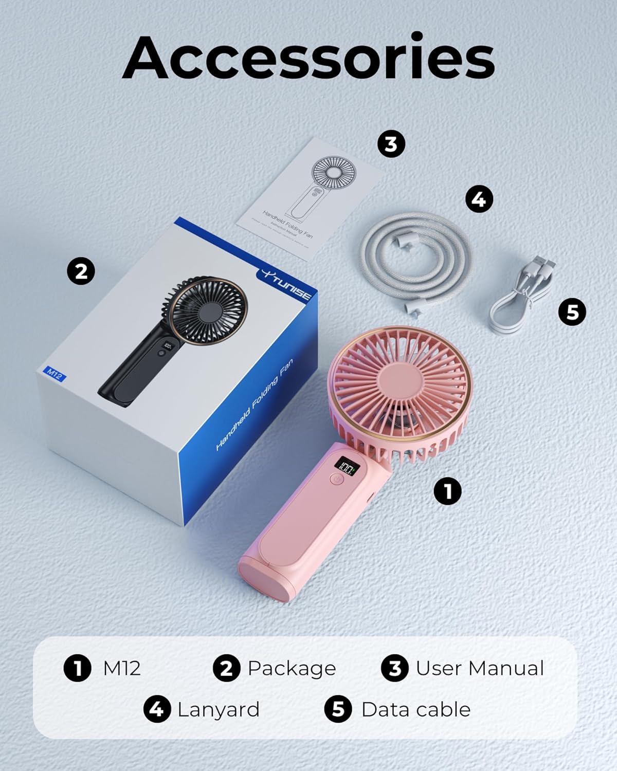 TUNISE Portable Handheld Fan - USB Rechargeable, 4000mAh Battery, 6 Speed Settings, 180° Adjustable