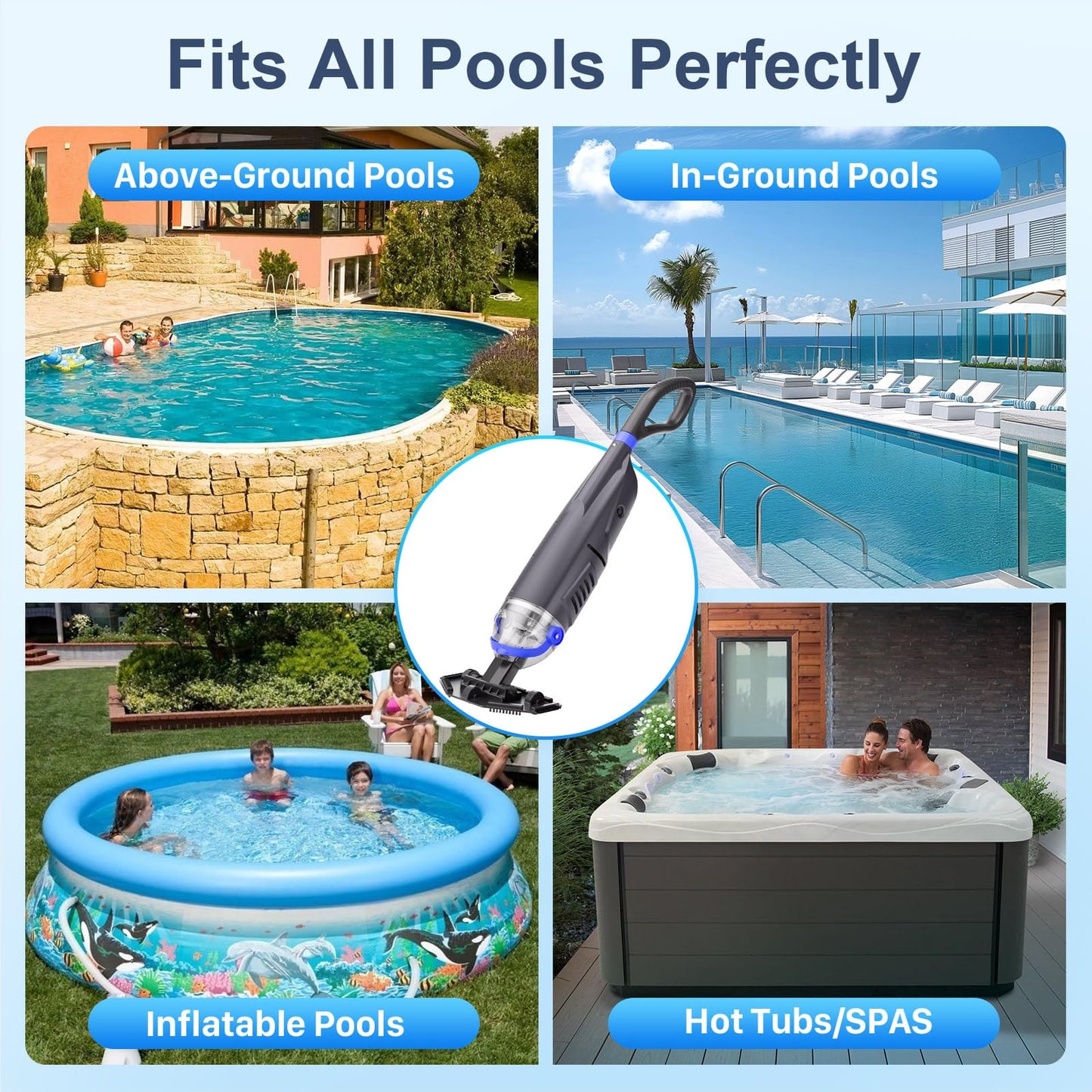 Sharkswell Upgraded Cordless Pool Vacuum with Telescopic Pole, 60 Min Powerful Suction & Large Head, Rechargeable Handheld Cleaner for Above Ground Pools, Inground Pools, Hot Tubs, and Spa