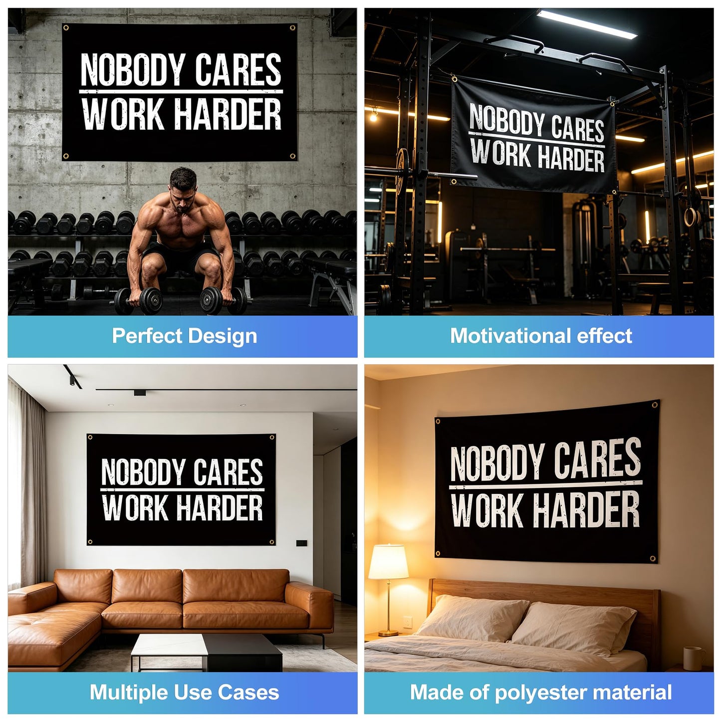 CoguZed 3x5 Feet Nobody Cares Work Harder Flag, Motivational Gym Flag Banner with 4 Brass Grommets, Gym Poster Sign for Home Gym, Fitness Workout Wall Decor for Men Women