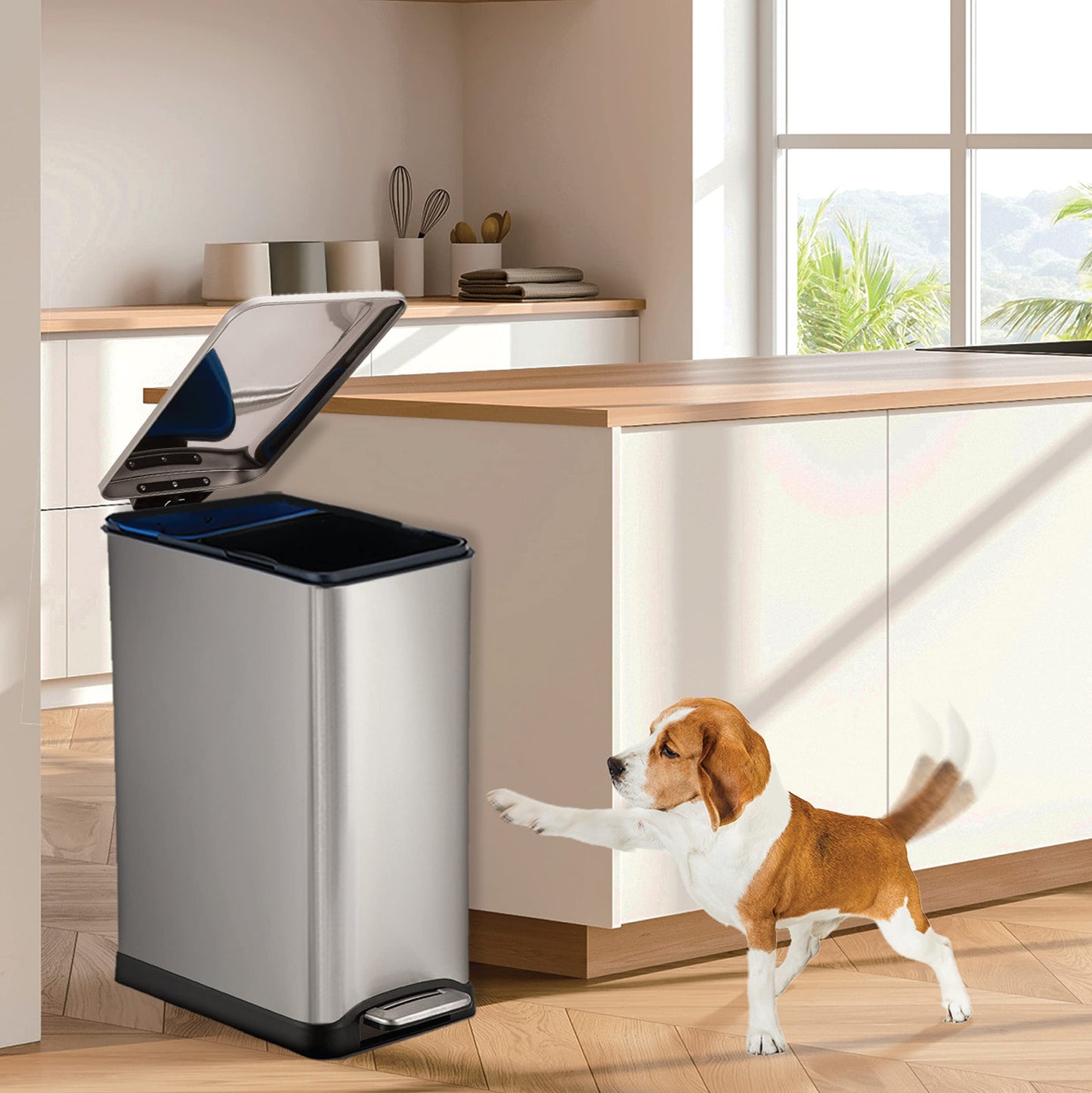 Home Zone Living 13 Gallon Slim Kitchen Trash Can with Dual Compartments for Trash and Recycling, Soft Close Lid, Step Pedal, Stainless Steel, Silver