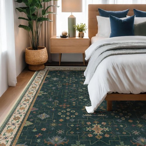 Hazo Haus Vintage Dark Green 6x9 Dining Room Rug - Washable Floral Low Pile Area Rug for Living Room | Non-Slip Design