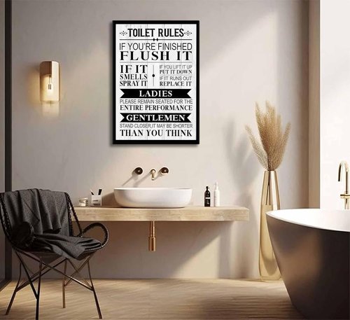 Funny Toilet Rules Quotes Canvas Wall Art - Black & White Humor for Eclectic Bathroom Decor