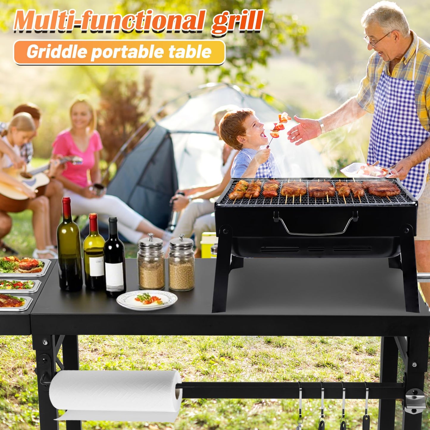 Wanchao Black Cast Iron 2-Shelf Grill Cart with Wheels,Heavy Duty Pizza Oven Stand for Blackstone Ninja,Outdoor Cooking Station with Durable Tabletop