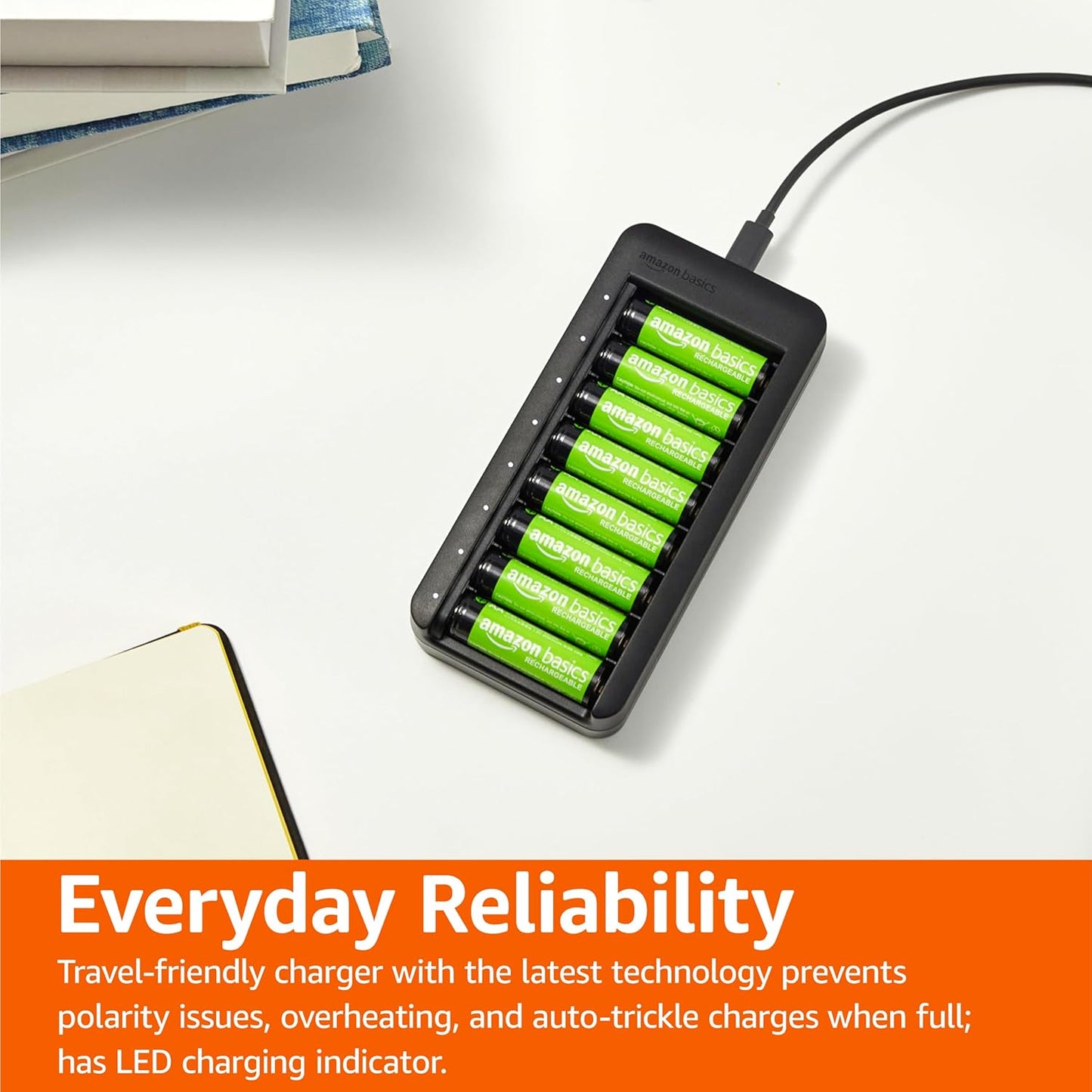 Amazon Basics 8-Bay 8 Count, Rechargeable AA Low Self Discharge NiMh Batteries with Battery Charger, USB-C Port, No AC
