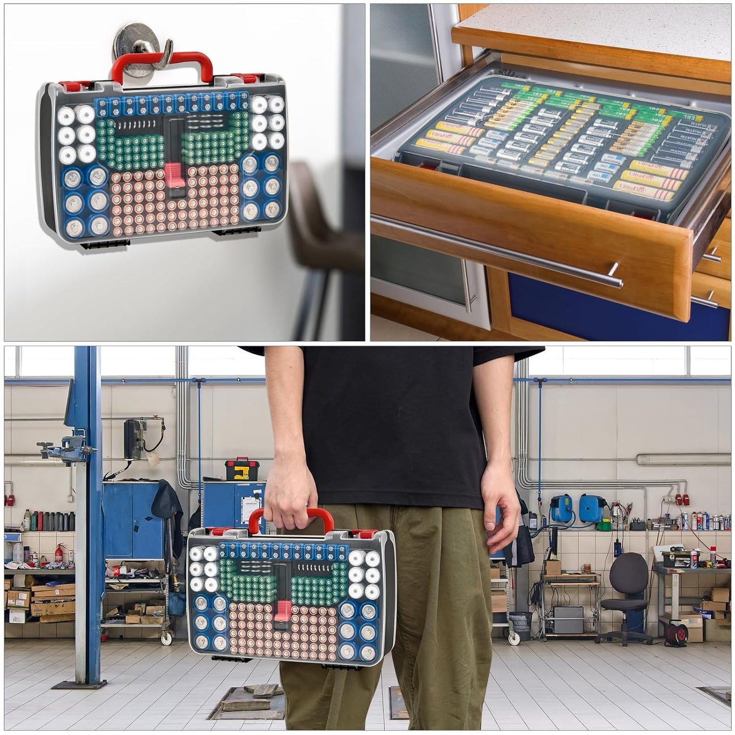 BT-168 269, 9V 18650 CR123A CR2 23A 4LR44 FULLCASE Double-Sided Battery Storage Organizer Case with Tester, Holds Fits