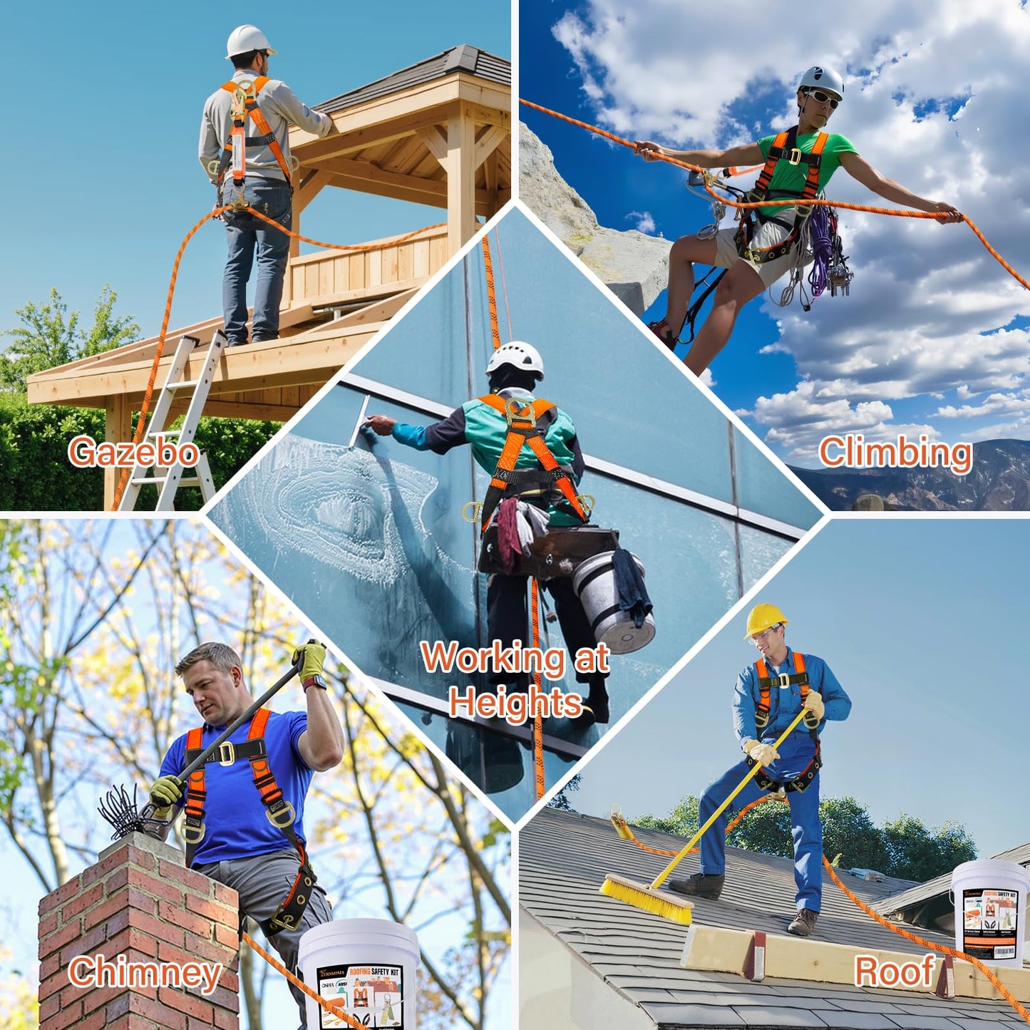 TT TRSMIMA Safety Harness Fall Protection Kit - Roofing Harnesses 50ft Safety Rope Lanyard Kit 5 Gallon Bucket Kit Roof Top Anchor Construction Work 20pcs Nails Included