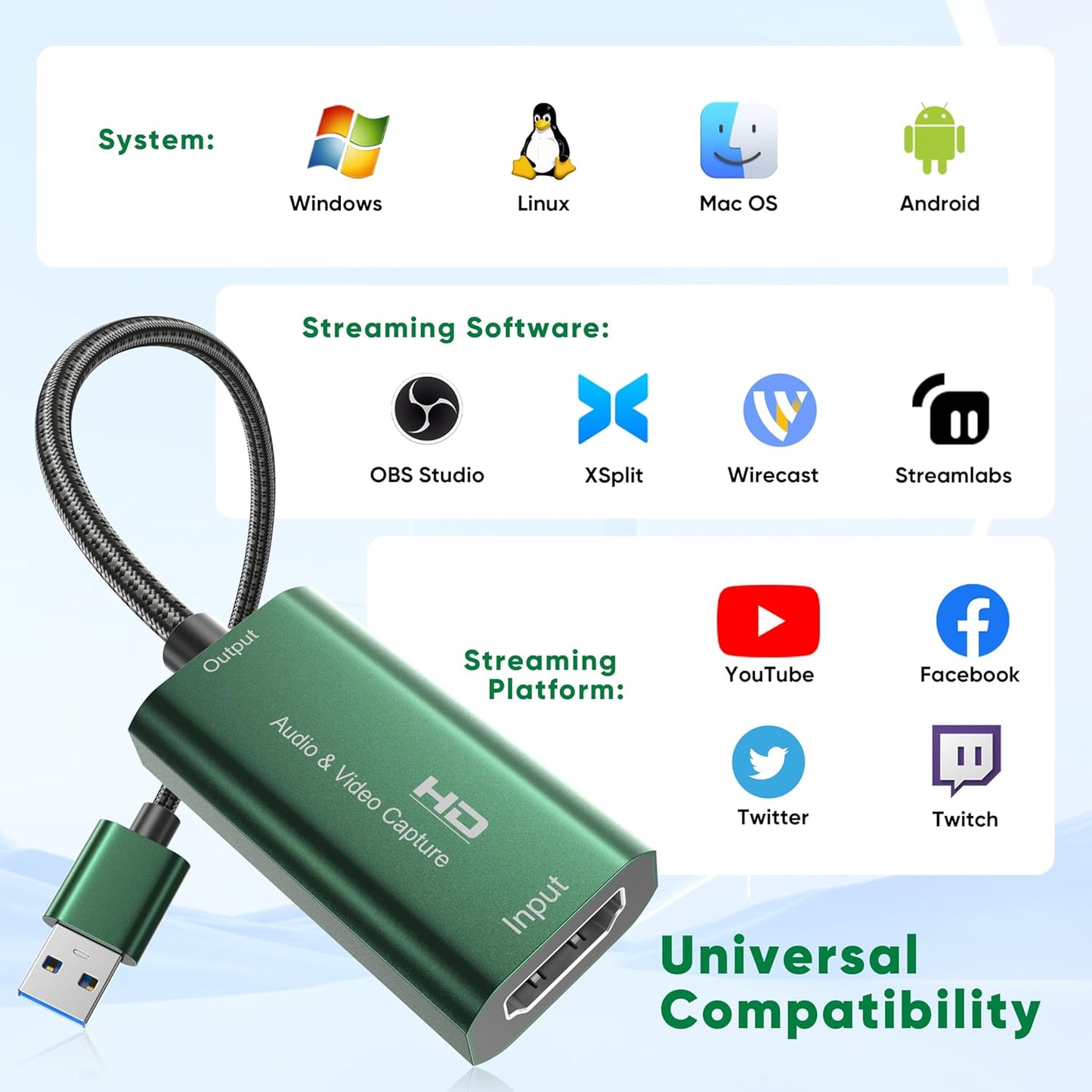 SROMGEE 4K 3.0 Card,1080P 60FPS 2/Xbox/PS5/4/Camera/Zoom/OBS(Green) Video Capture Card, HDMI to USB Capture Capture