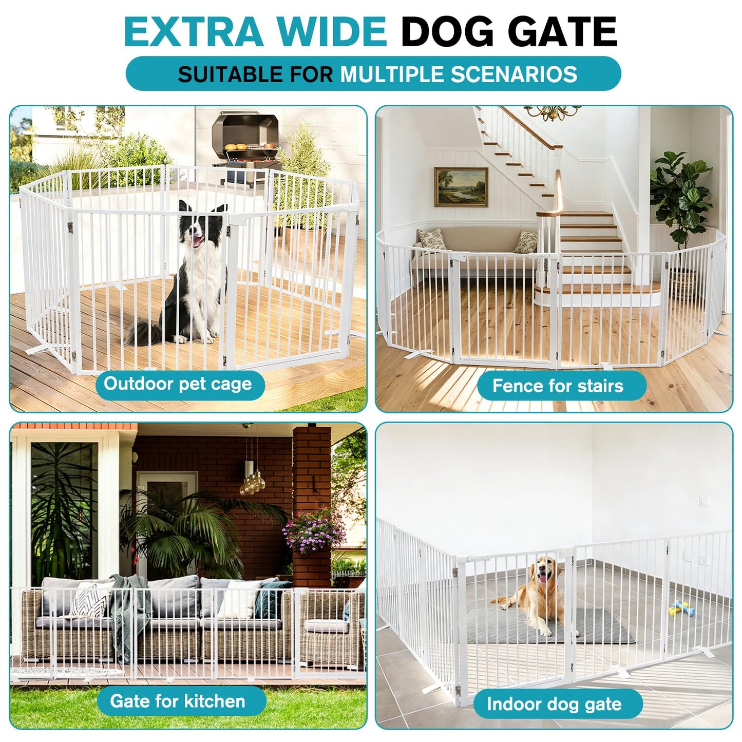 Snagle Paw Extra Wide Dog Gate,Free Standing Dog Fence with Door, Up to 208 Inch Wide Pet Gate with Support Feet for Stairs, Hallways, Doorways, Yard (White, 8 Panels)