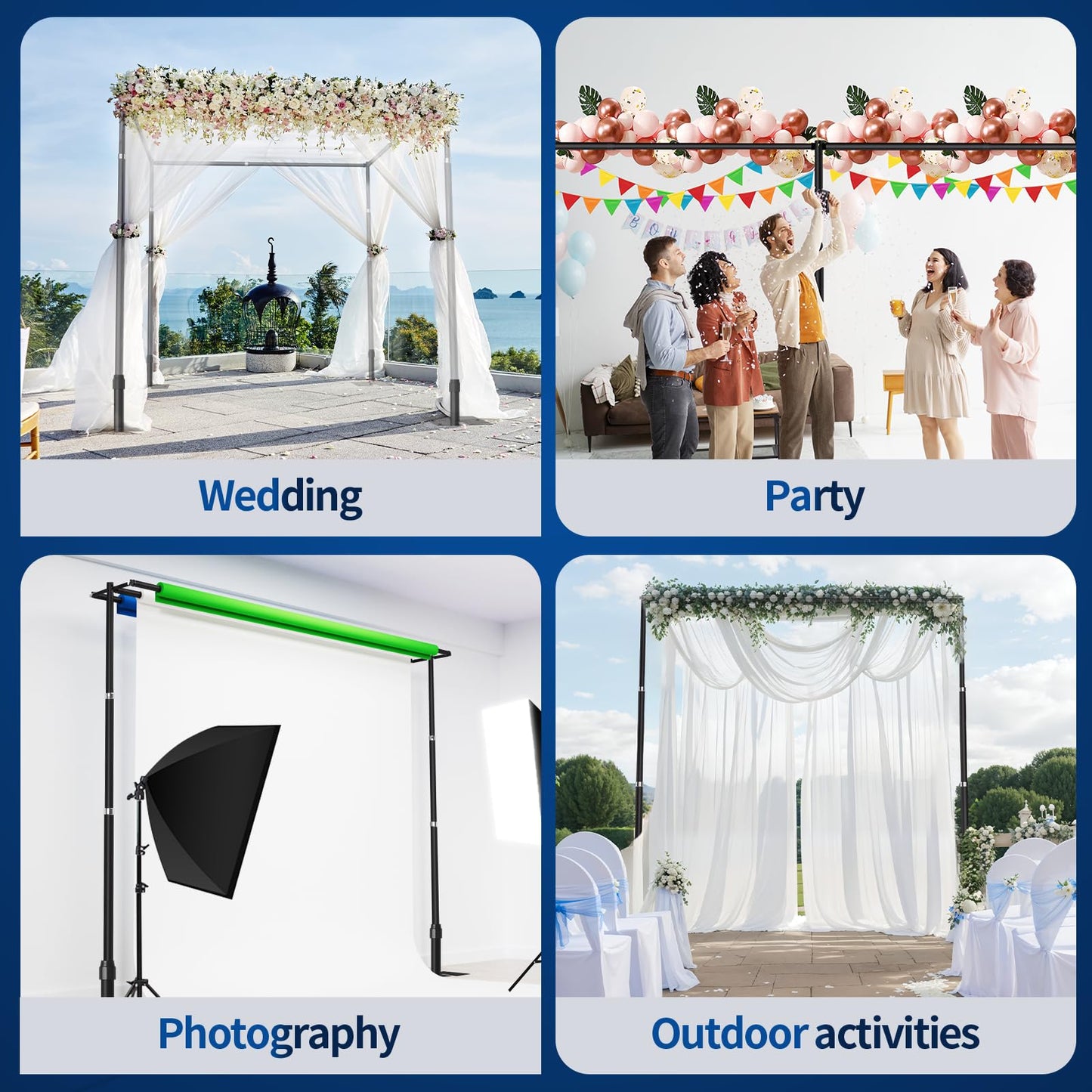 Qoolfoto 10x10ft Pipe and Drape Backdrop Stand, Three Crossbar, Heavy Duty Adjustable Background Frame with Metal Base for Parties Photography Wedding Photoshoot Decoration - Black