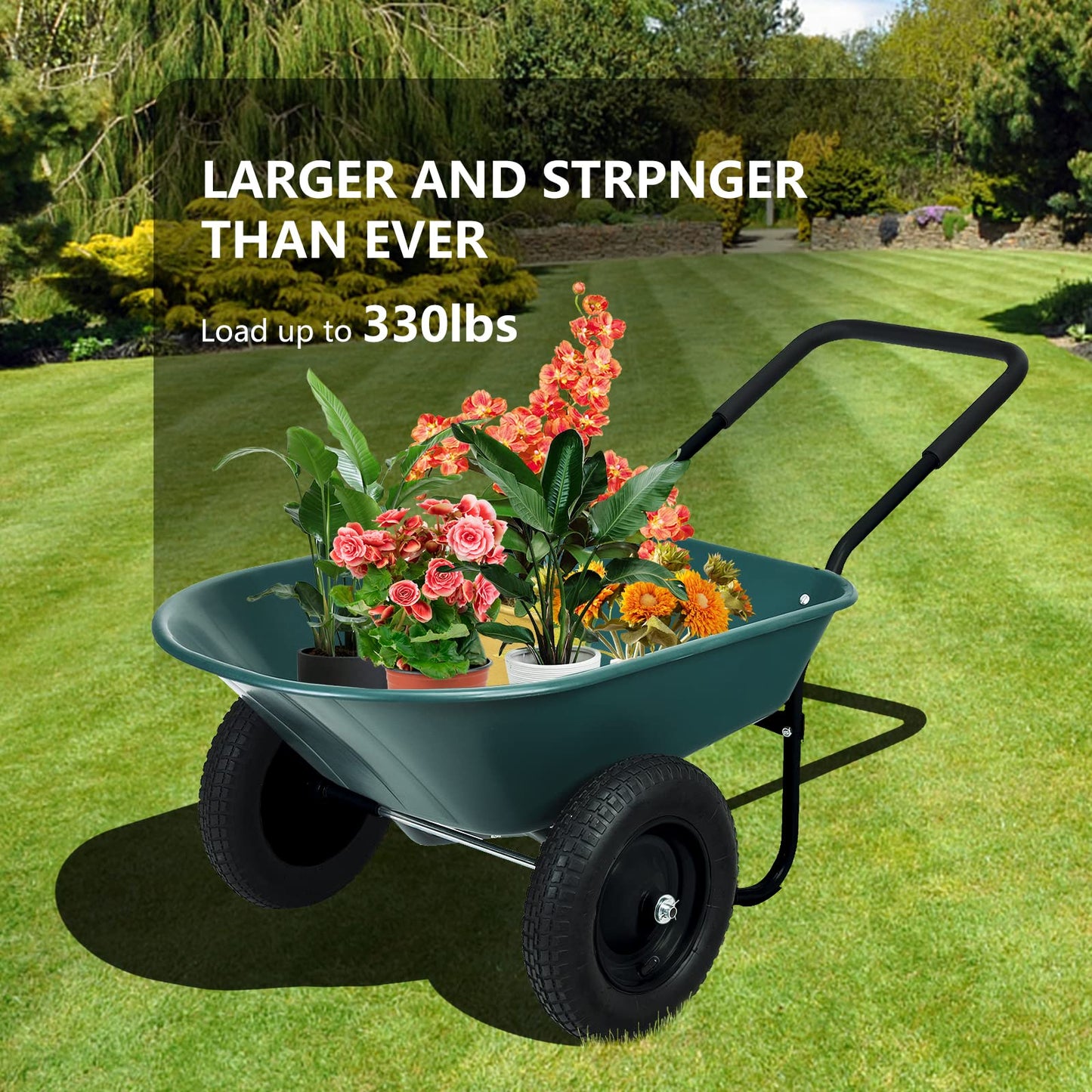 Wellhut 2 Tire Wheelbarrow Dump Cart, Heavy Duty Home Utility Garden Cart, 330 LBS Yard Wheelbarrow, Perfect for Transporting Soil Bricks and Construction Materials, Green