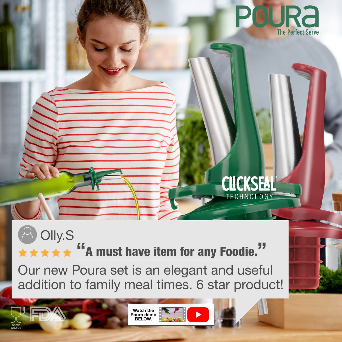 Poura Oil and Vinegar Dispenser Spouts | Airtight ClickSeal BPA Free Bottle Pourers Keeps Oil Fresh with Built-in Caps | Use Your Own Bottles as Vinegar Dispensers | Dishwasher Safe