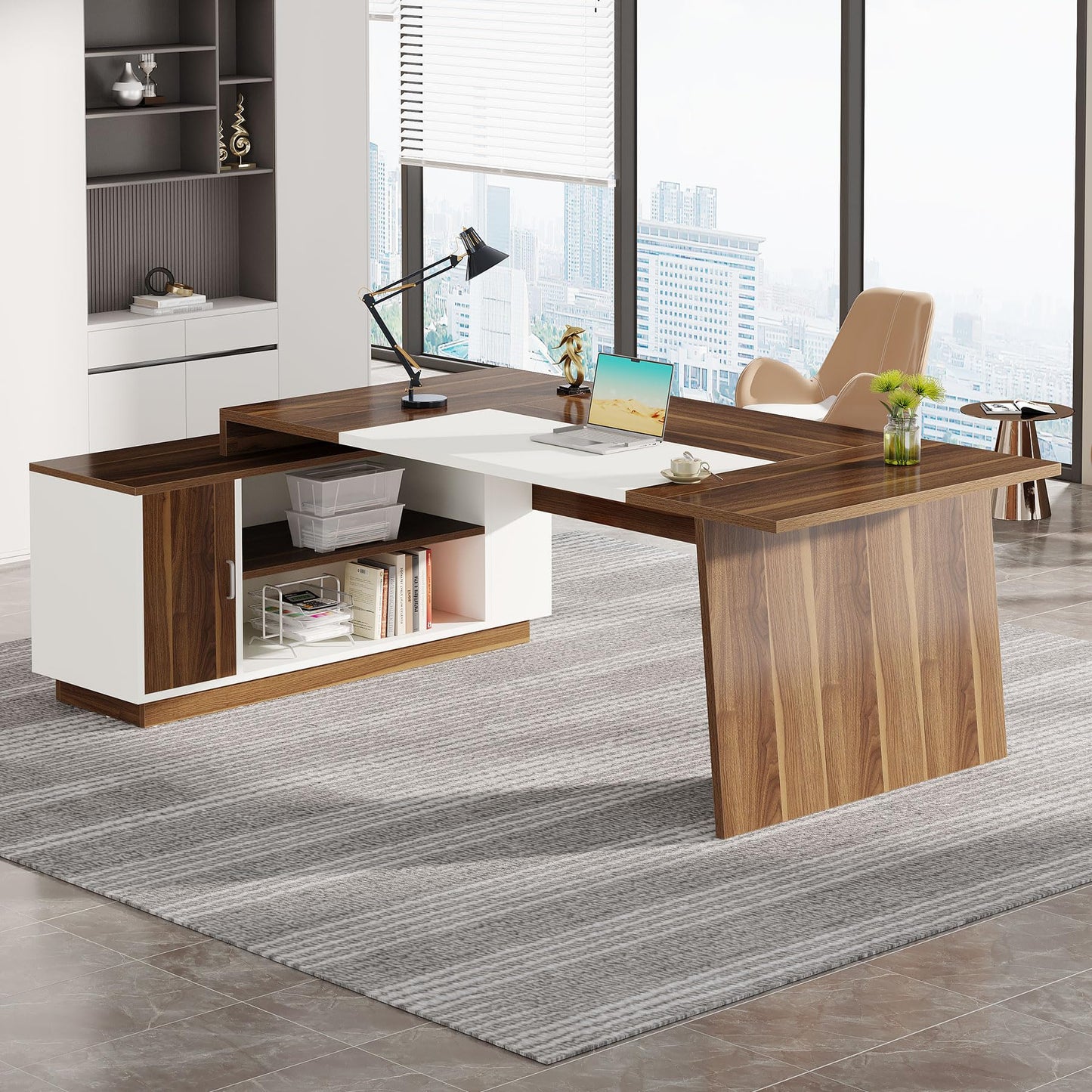 Tribesigns L-Shaped Executive Office Desk, 70.5-Inch Mid-Century Modern Executive Desk with Storage Cabinet and Shelves, Large Computer Desk for Home Office, Brown + White