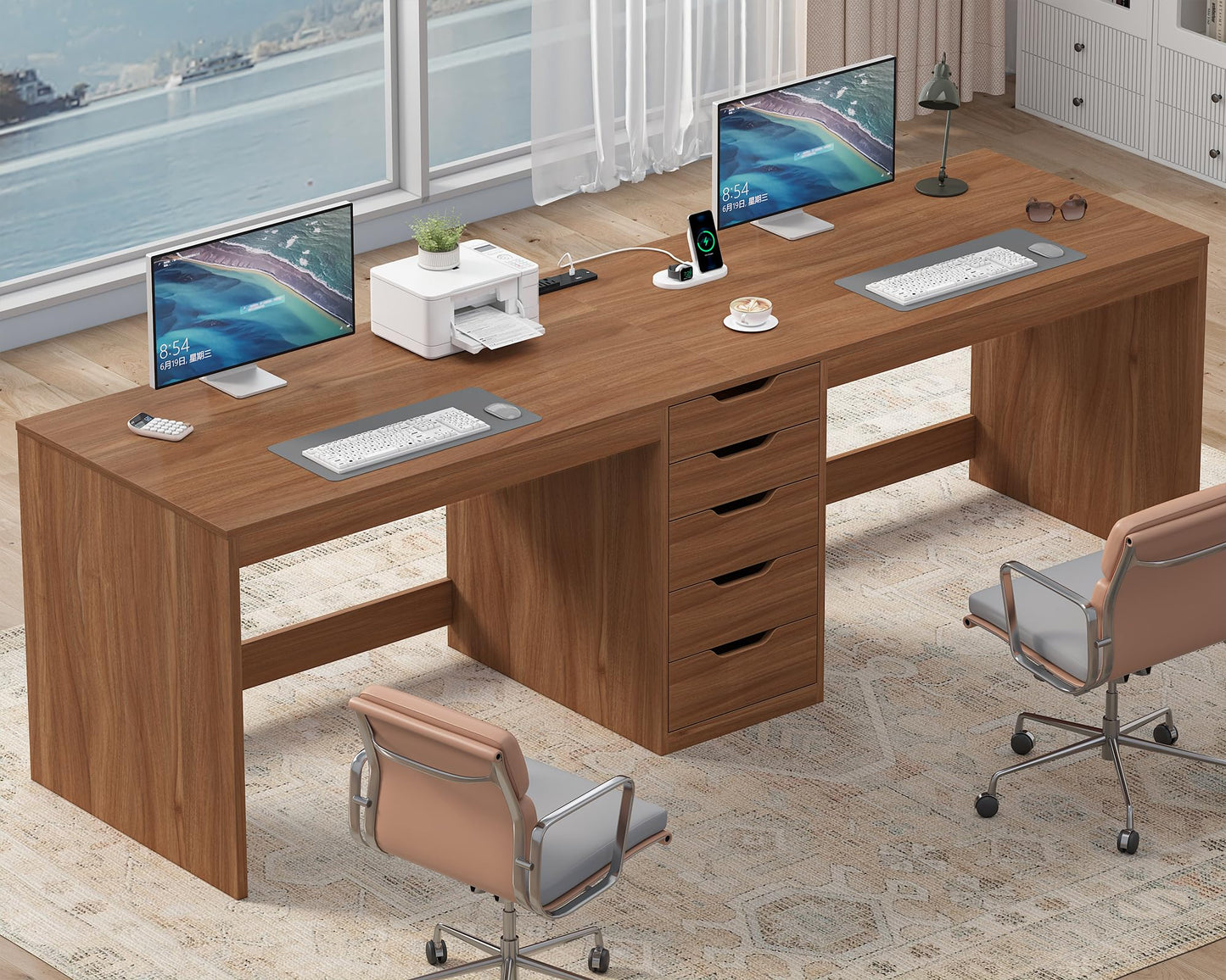 YOMILUVE 2 Person Desk with 5 Drawers and Power Outlets, 78.7 Inch Long Computer Desk with Storage File Cabinet, Two Person Home Office Double Desk with Storage, Brown