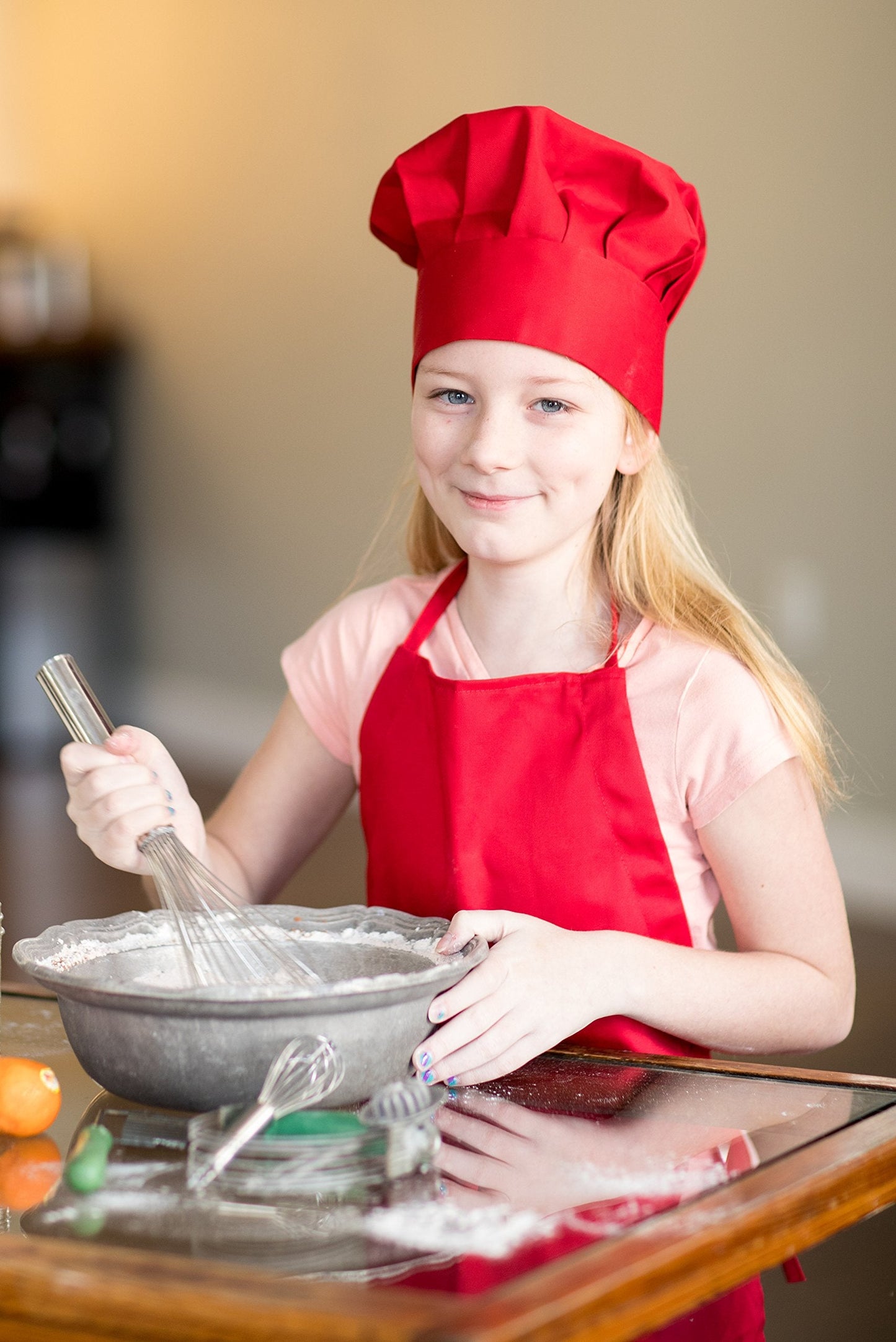 Tessa's Kitchen Club - Child's Chef Hat Apron Set, Children's Kitchen Cooking and Real Baking Wear Kit for Chefs in Training (Red, Med (6-12yr))