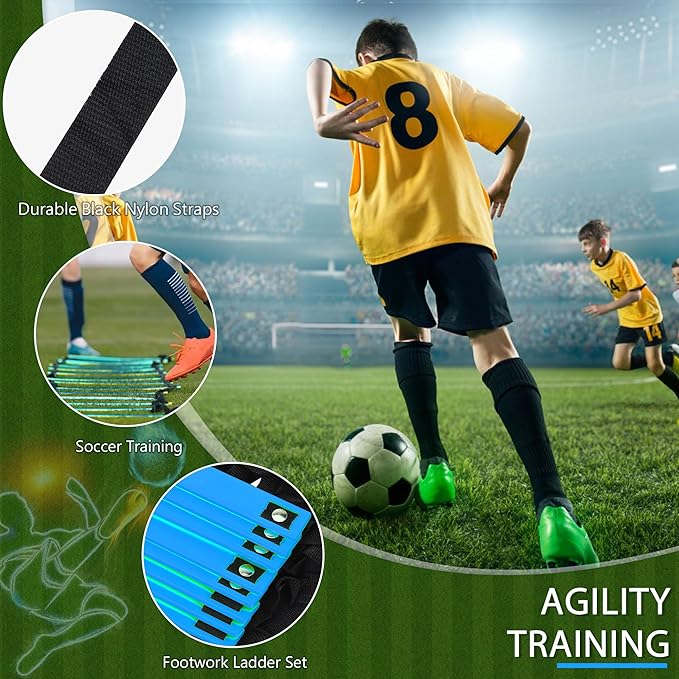 Fixed Rung Agility Ladder - 20ft 12 Rungs No Tangle Speed and Agility Training Equipment for Soccer Footwork Training with Carrying Bag/Ground Stakes for Adults Youth Kids