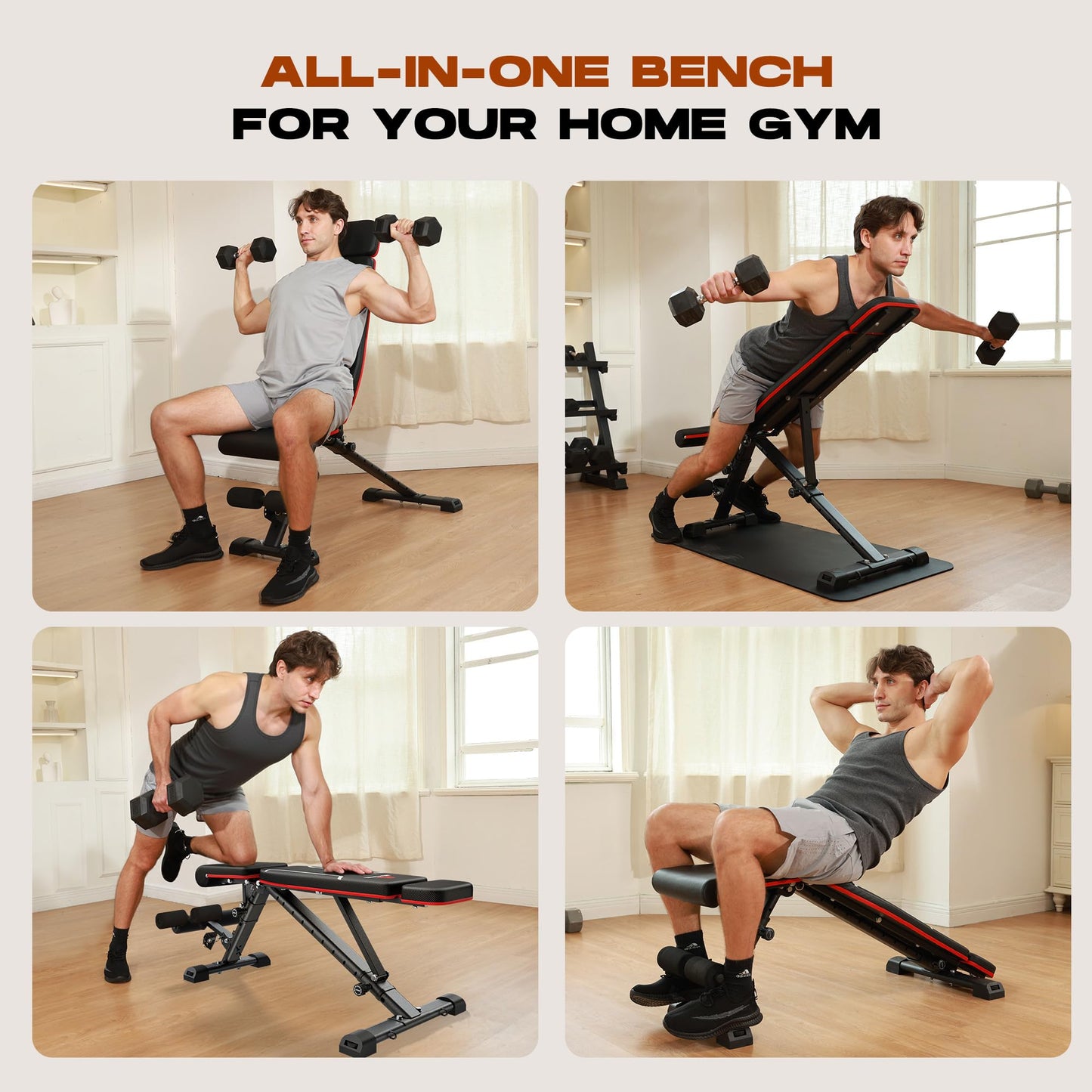 Roygym Adjustable Weight Bench, 880LB Foldable Workout Bench with Extended Headrest for Full Body Strength Training Bench Press, Incline Decline Bench with Folding