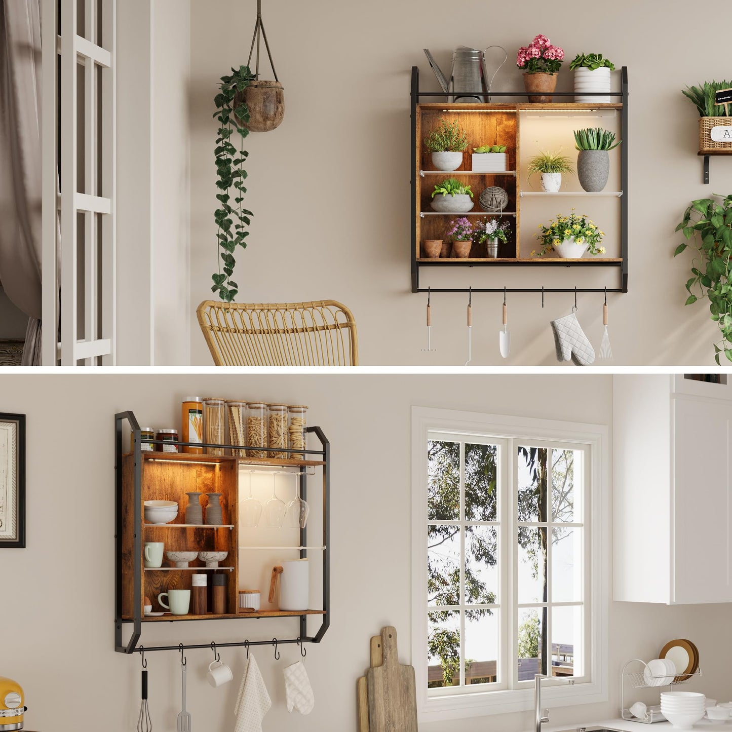 Wall Mounted Rack with LED Lights and Glass Holder, Floating Shelves with 6 S-Hooks,Hanging Wine Glass Rack for Coffee Bar,Home Decor,Gaming Shelf, Hanging Display Rack Bookshelf, Teen Boys Bedroom
