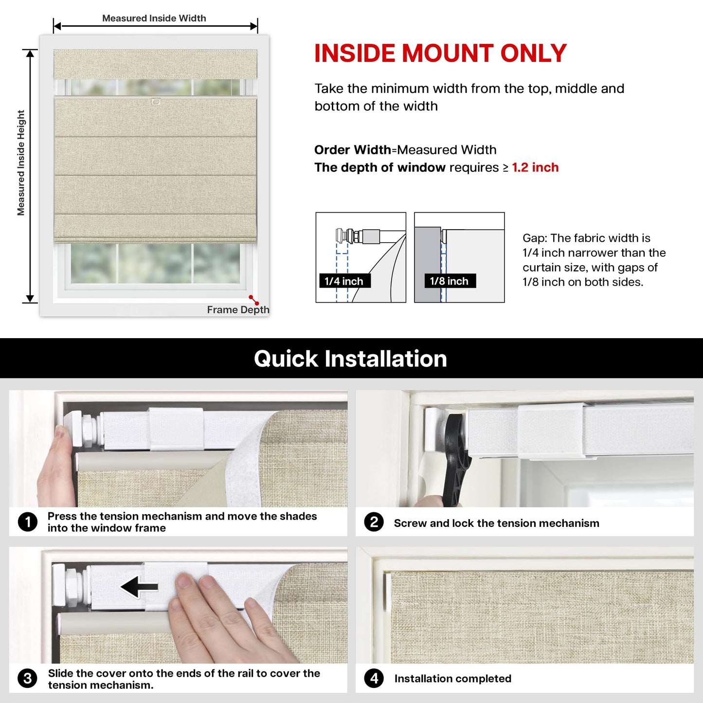 LazBlinds No Tools No Drill TDBU Cordless Roman Shades for Window, Thermal Insulated UV Blocking, 100% Blackout Fabric Blinds for Bedroom & Living Room, 42" W x 64" H, Blackout - Beige