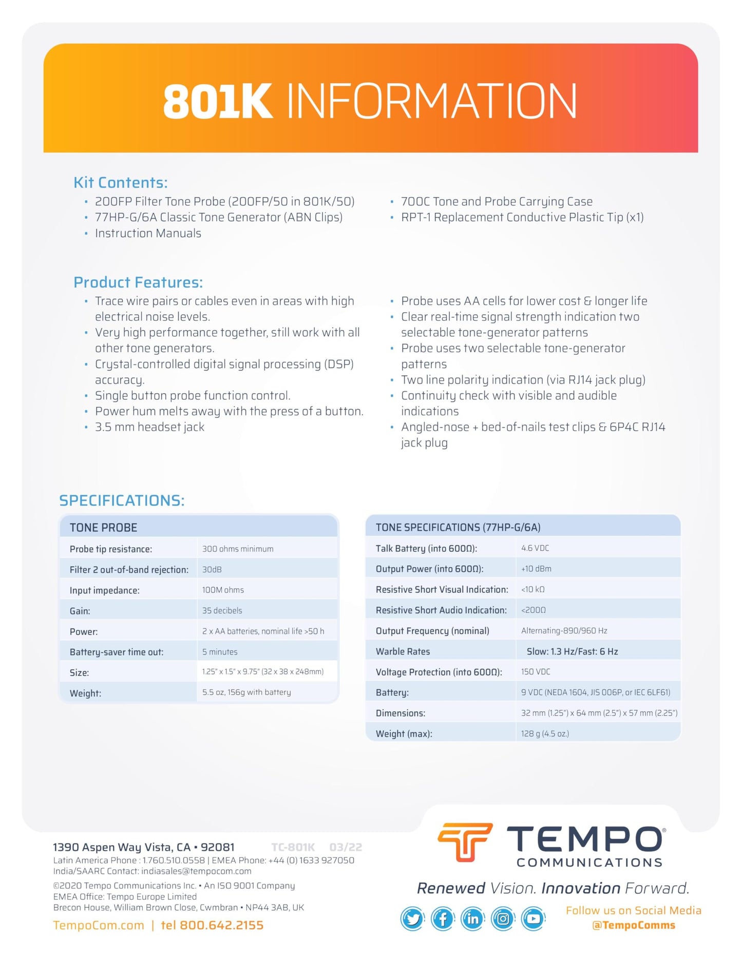 TEMPO 801K Filtered Noise Wire Tracer Tone Generator and Probe Kit for Ethernet, Internet, Telephone, Speaker, Coax, Video, and Data Cable (801K-BOX Cable Toner)